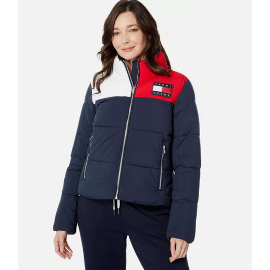 TOMMY JEANS Womens Big Logo Colorblock Puffer Ski Coat Medium Blue White NWT