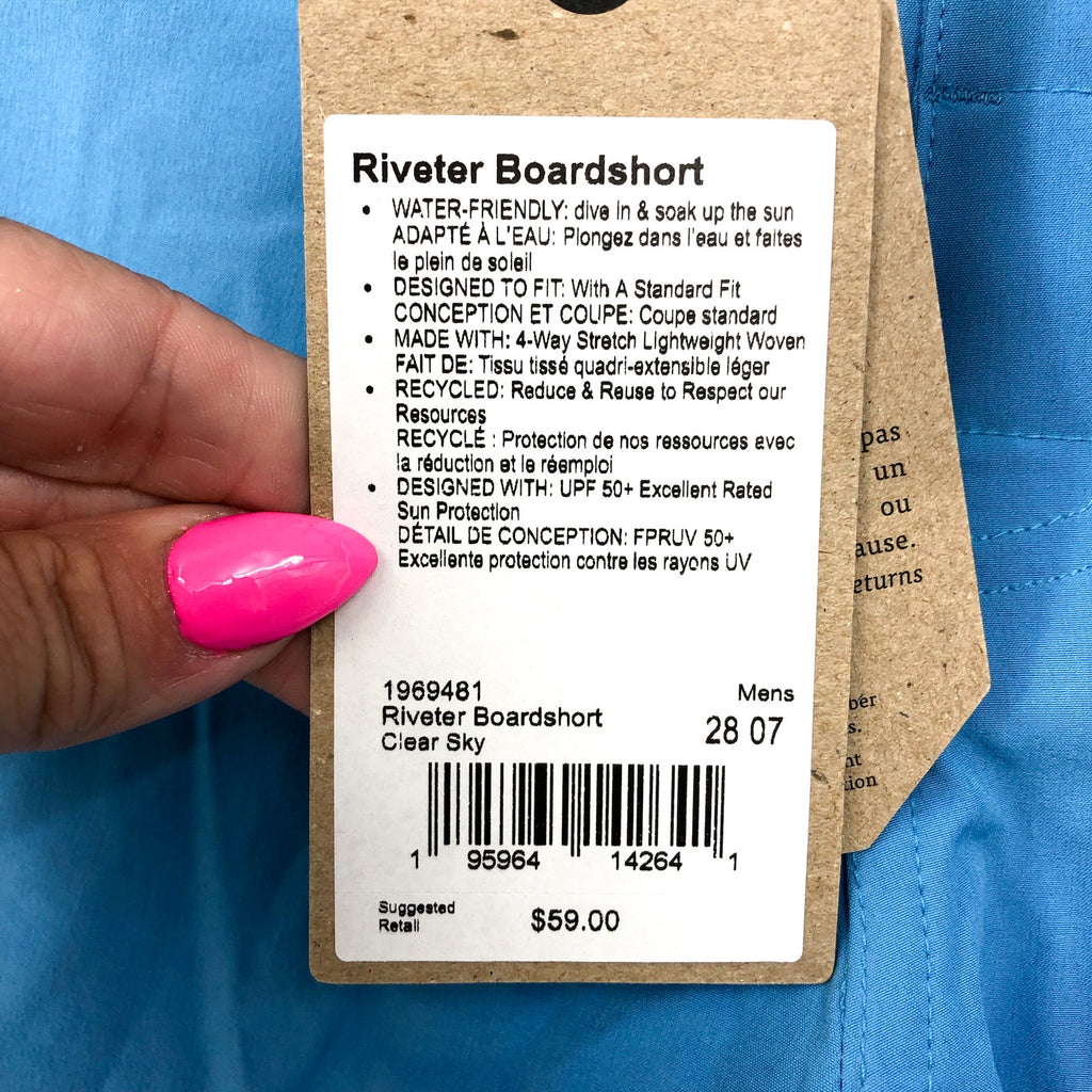 Prana Mens Riveter Board Shorts Size 28 Blue Clear Sky 7'' Inseam NWT