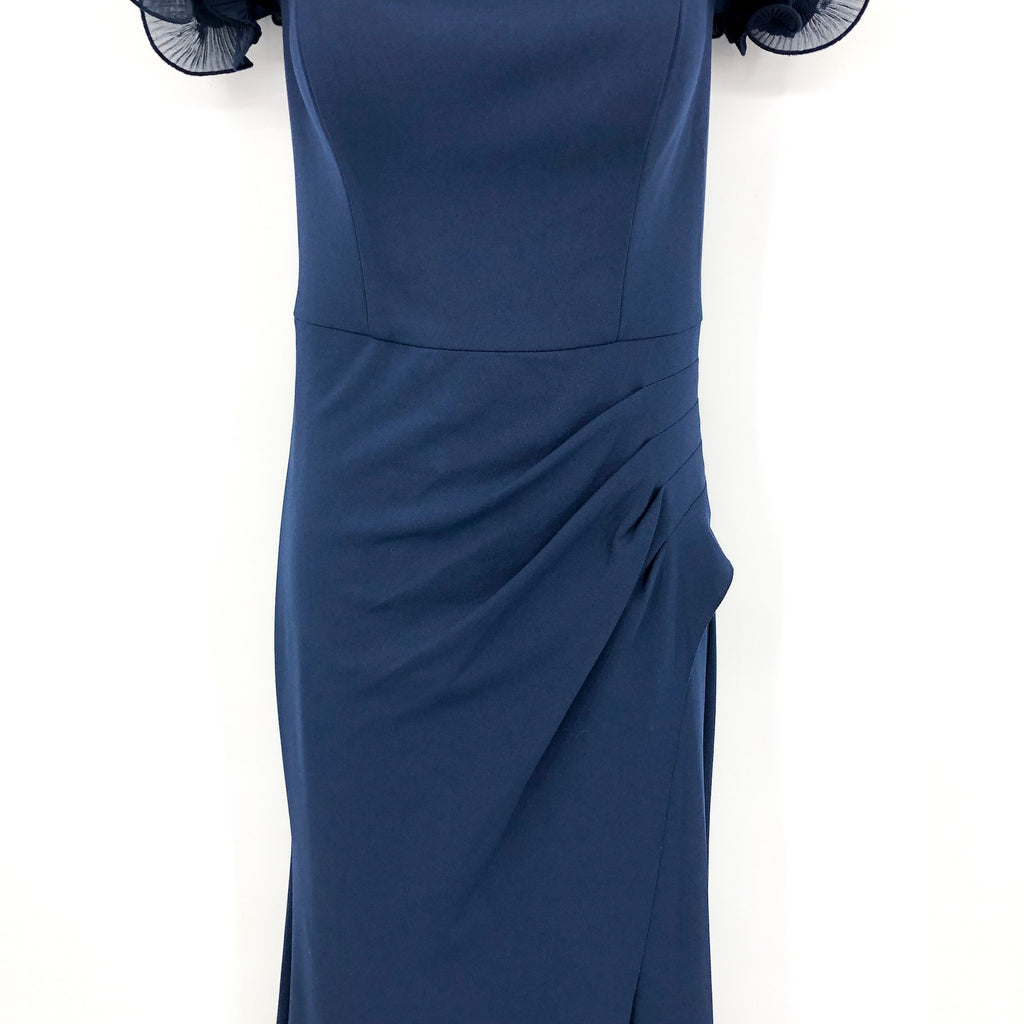 XSCAPE Ashlyn Scuba Crepe Off the Shoulder Long Gown Size 8 Navy Blue Dress NWT