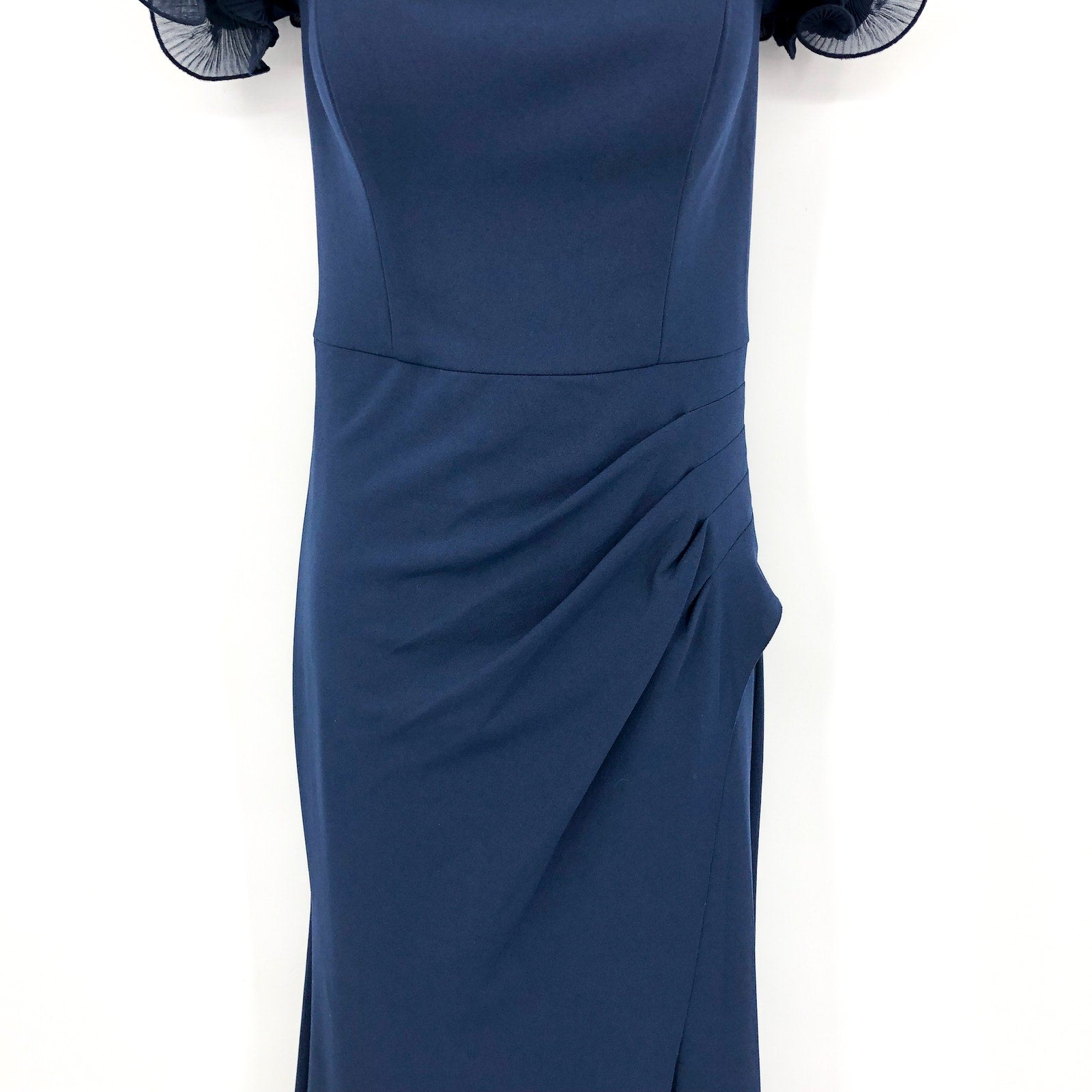 XSCAPE Ashlyn Scuba Crepe Off the Shoulder Long Gown Size 8 Navy Blue Dress NWT