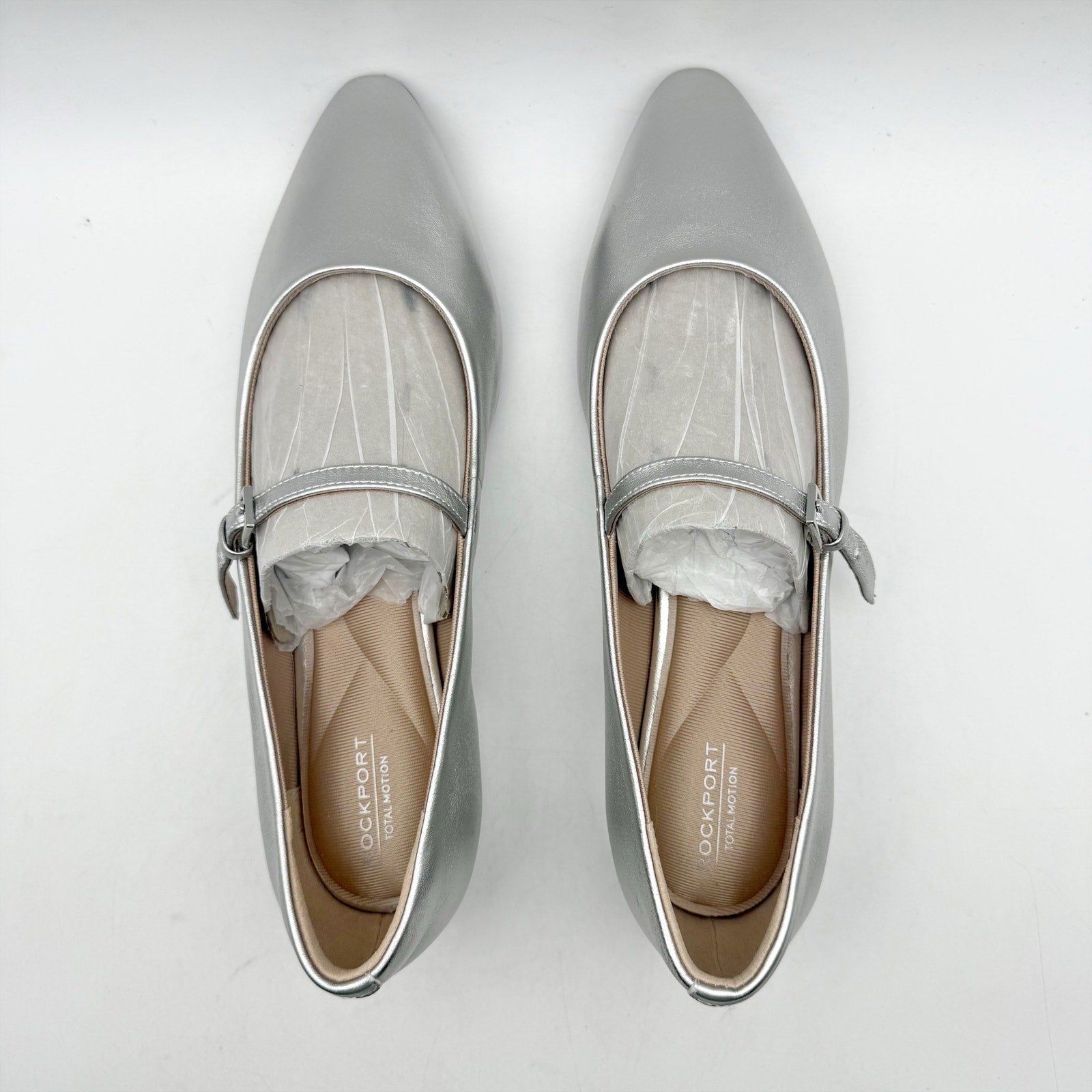 Rockport Womens Taren Flats US 7 WIDE Silver Metallic Leather Mary Janes NWOB