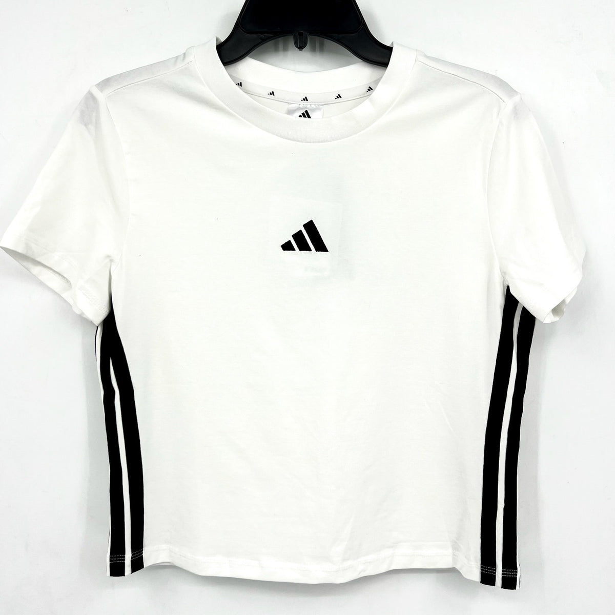 ADIDAS Essentials 3-Stripes Slim Baby Tee Large White Black Short Sleeve NWT