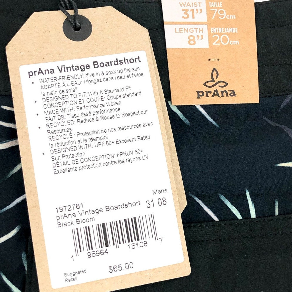 PRANA Men's Vintage Boardshorts Small Black Bloom 8" Inseam Drawstring NWT