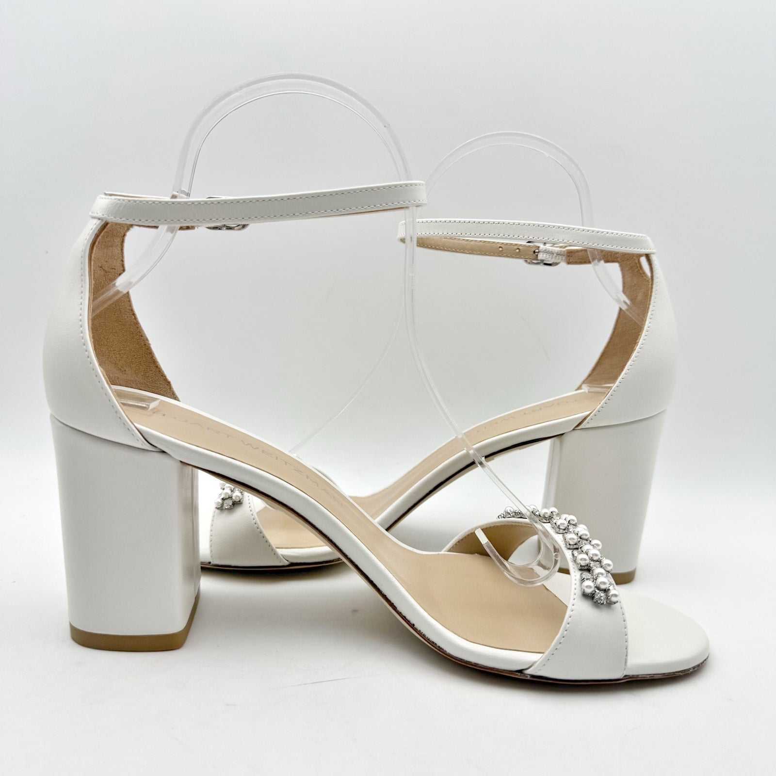 Stuart Weitzman Women Nudist Poppy 75 Block Heel Sandal US 8.5 White Leather NIB