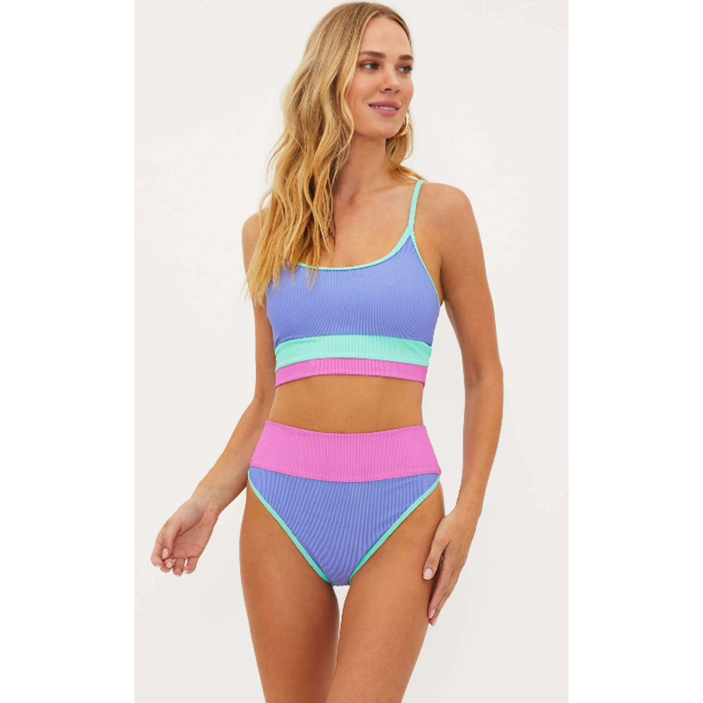 BEACH RIOT Emmy High Waist Bikini Bottom Large Purple High Tide Colorblock NWT