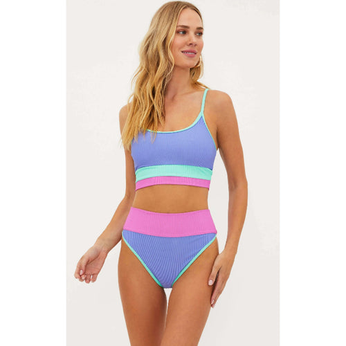 BEACH RIOT Emmy High Waist Bikini Bottom Large Purple High Tide Colorblock NWT