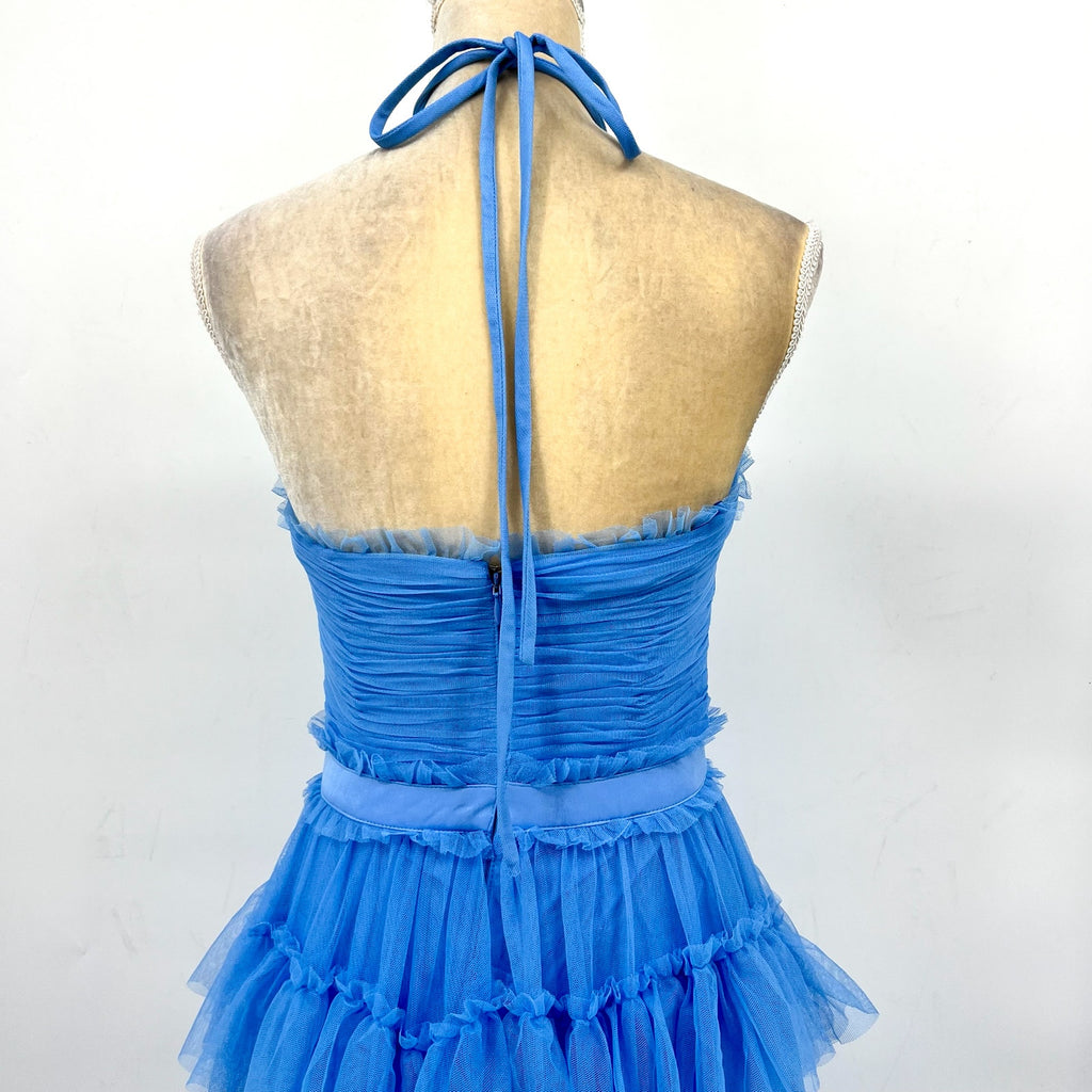 AQUA Women's Tulle Tiered Ruffle Gown Size 2 Cornflower Blue Open Back Dress NWT