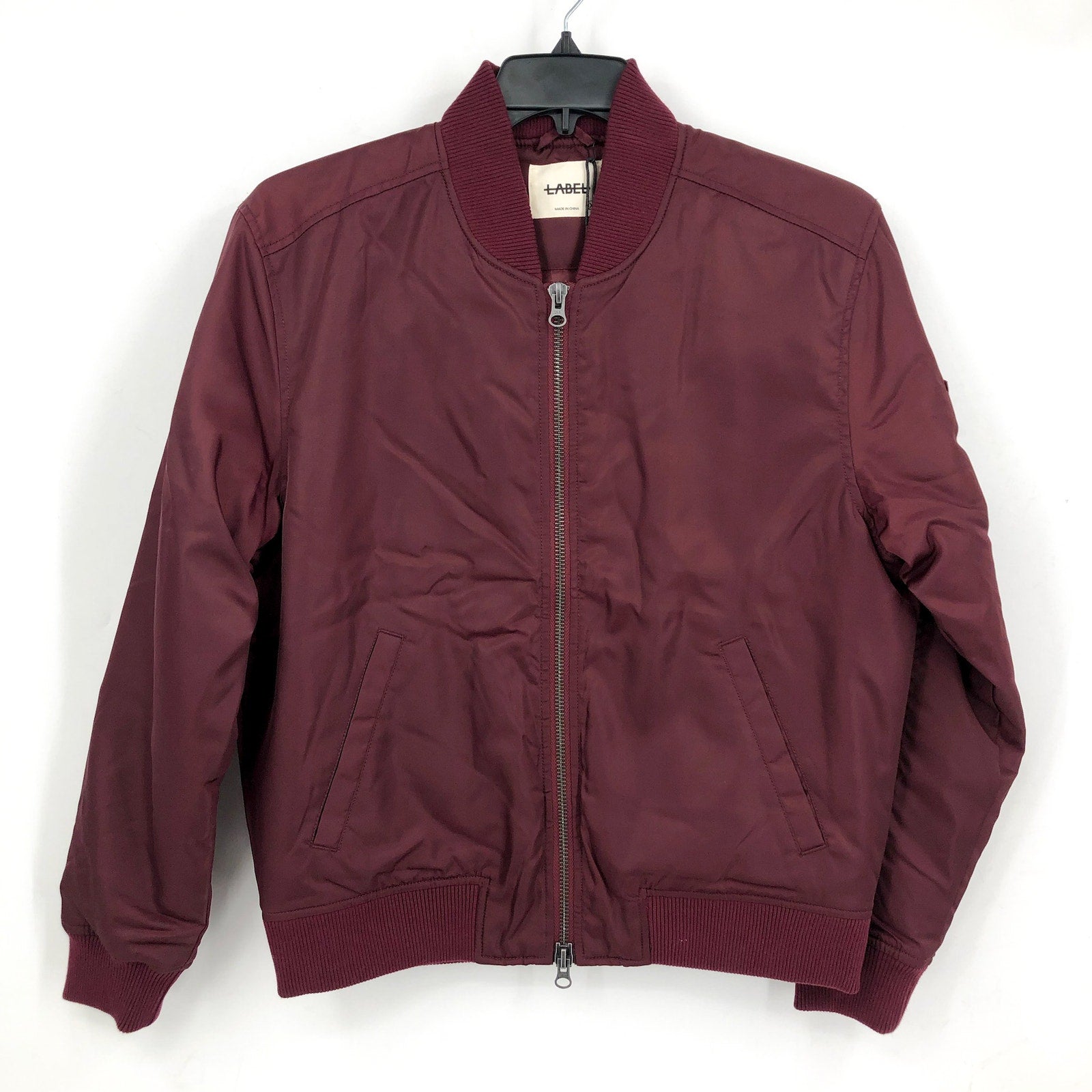 LABEL Unisex Go-To Bomber Jacket Size Small Burgundy Full Zip Ribbed Collar NWT