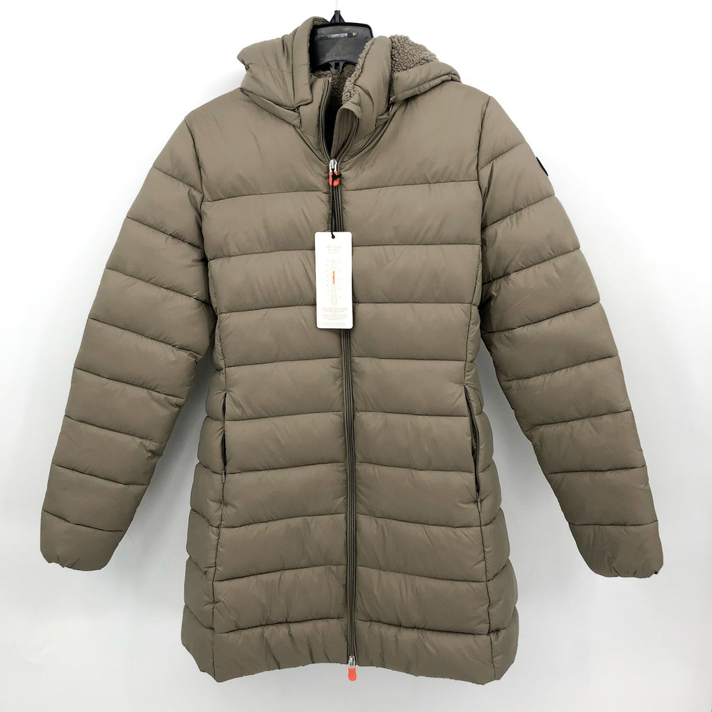 SAVE THE DUCK Joanne Hooded Longline Puffer Jacket Large Size 12 Grey Taupe NWT