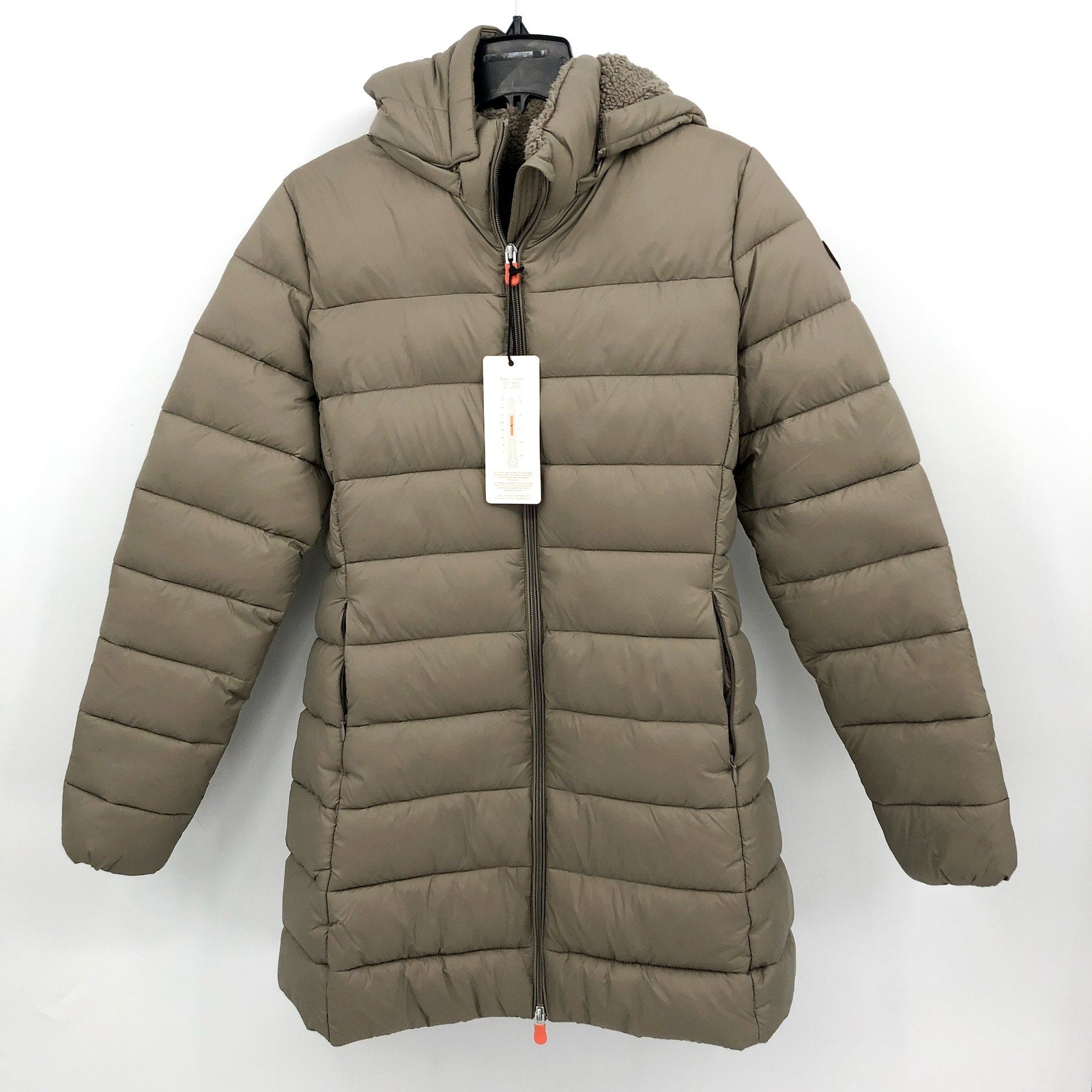 SAVE THE DUCK Joanne Hooded Longline Puffer Jacket Large US 12 Grey Taupe NWT