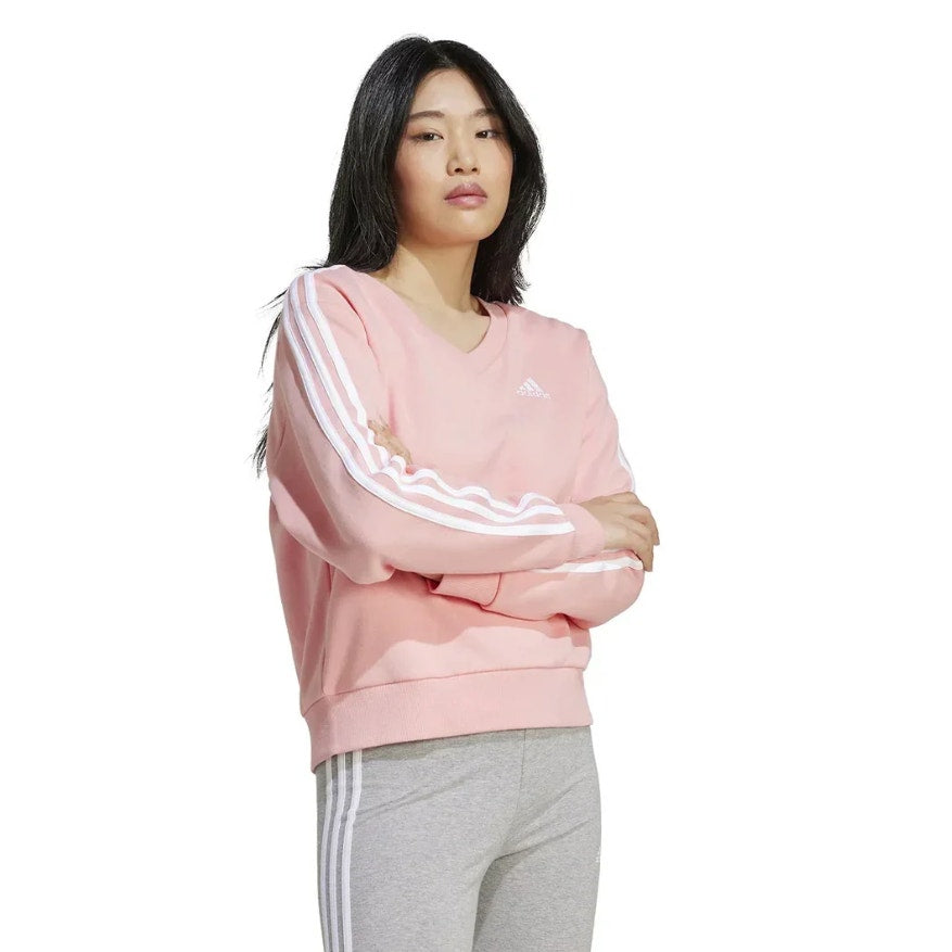 ADIDAS Womens Essentials 3 Stripes V-Neck Sweatshirt Small Pink White NWT