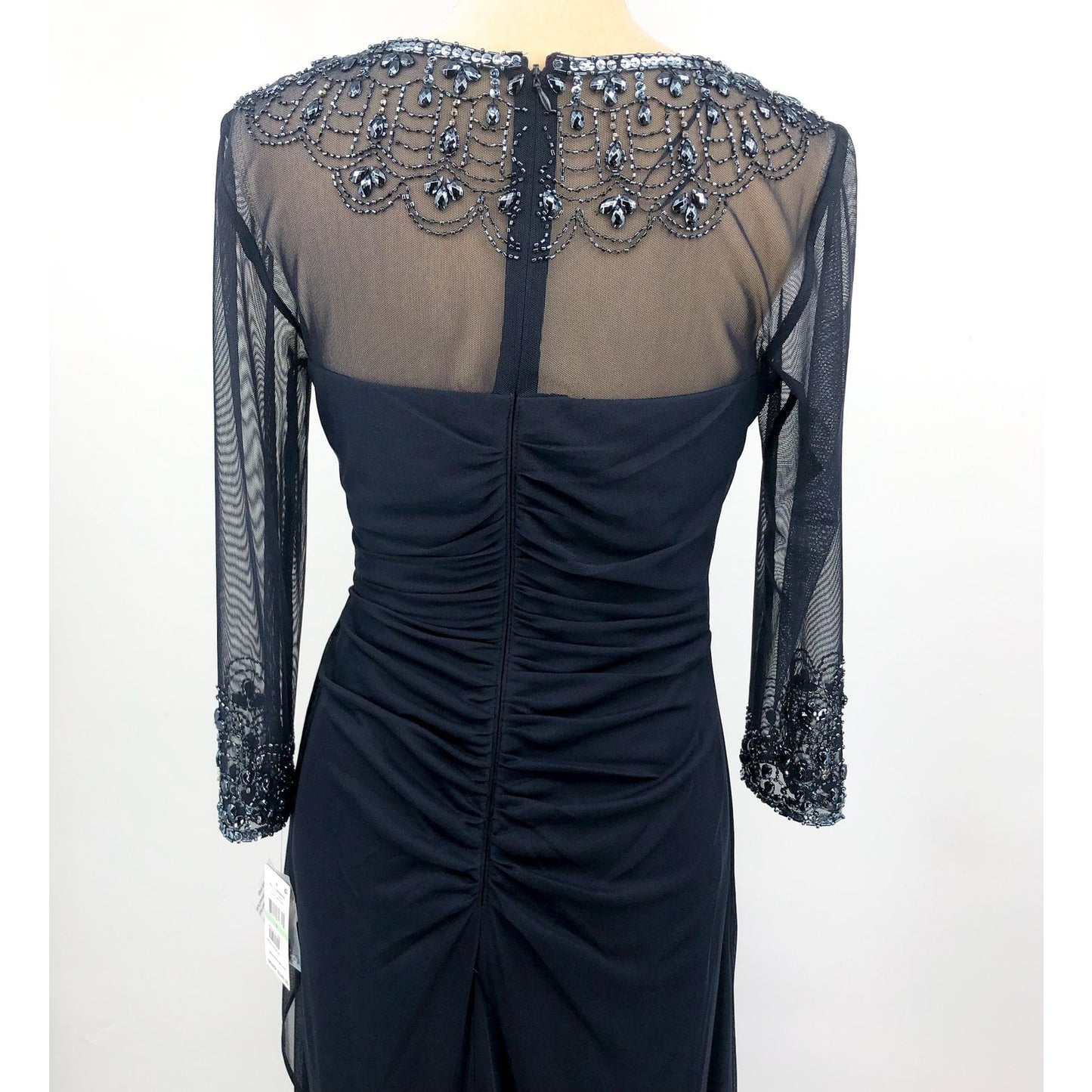 ALEX EVENINGS Illusion Sheath Gown Size 8 Deep Navy Blue Mesh Jeweled Neck NWT