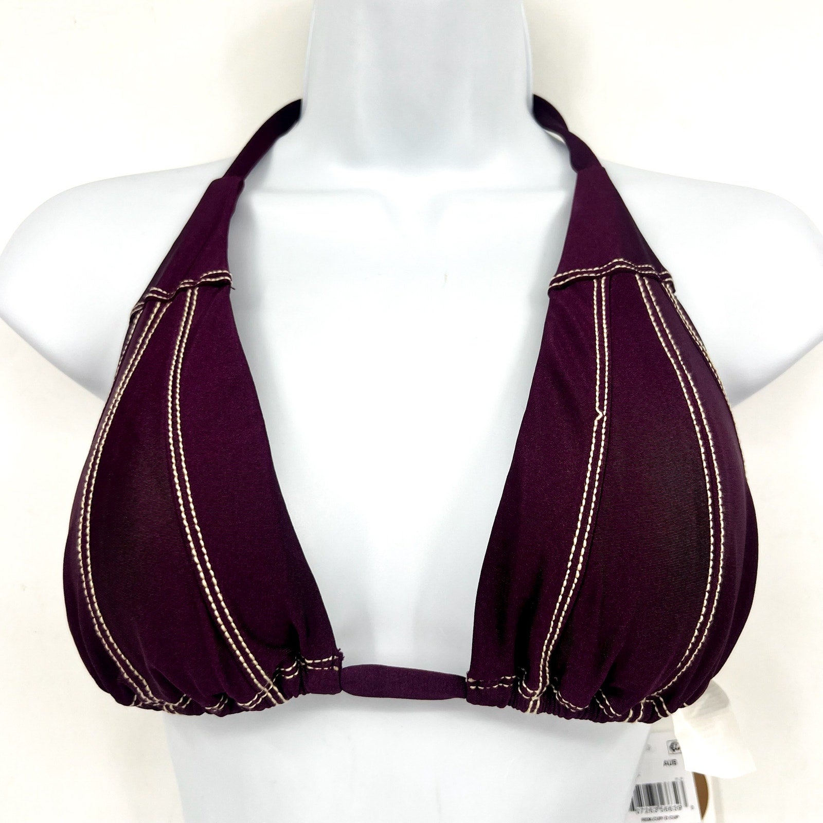 BECCA Color Sheen Contrast-Stitch Triangle Bikini Top D Cup Purple Aubergine NWT