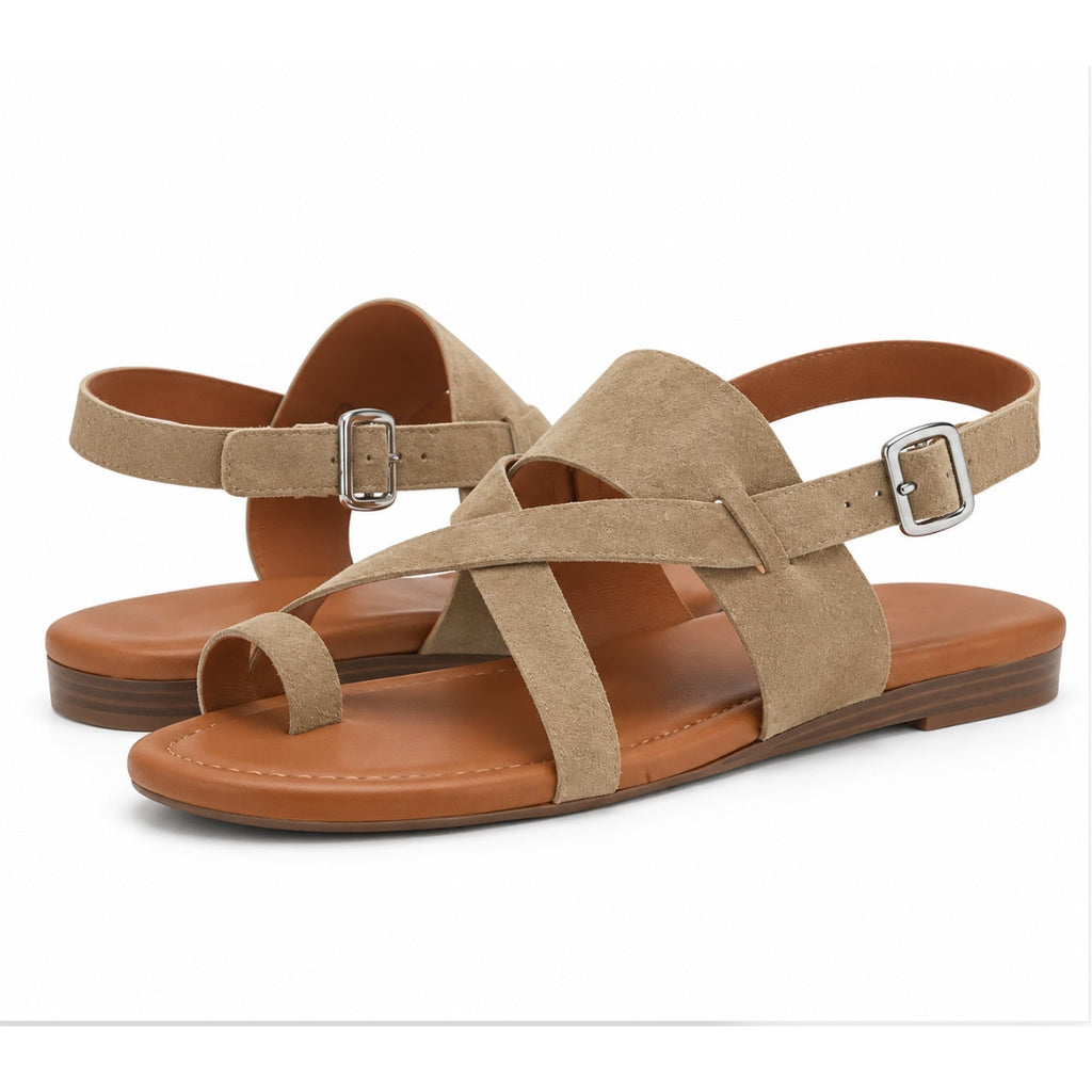 Franco Sarto Womens Gia Flat Sandals Size 7.5 M EU 38 Taupe Tan Suede NWOB