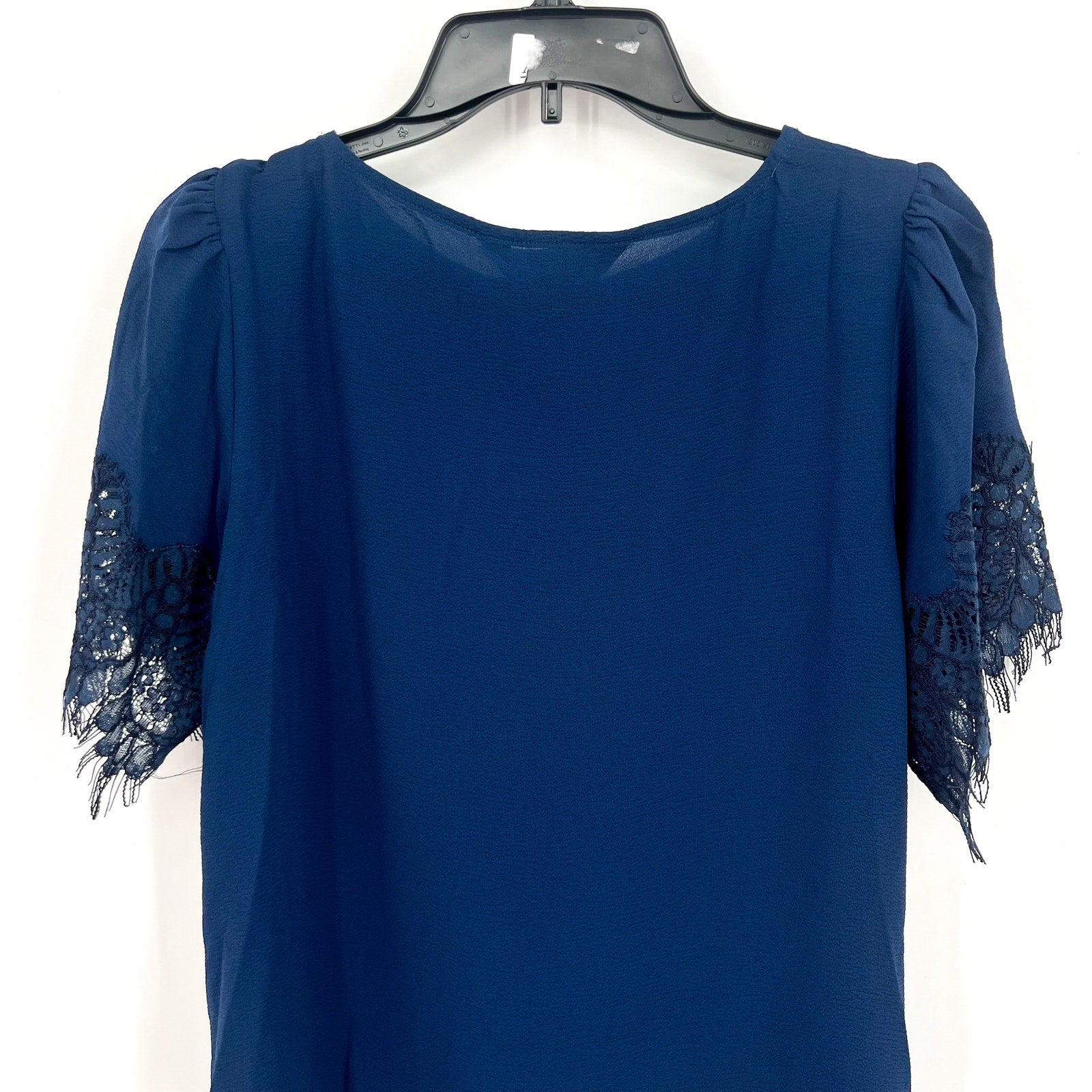 MONTGOMERY POST STITCH FIX Blouse Small Navy Blue Lace Trim Sleeves NWT