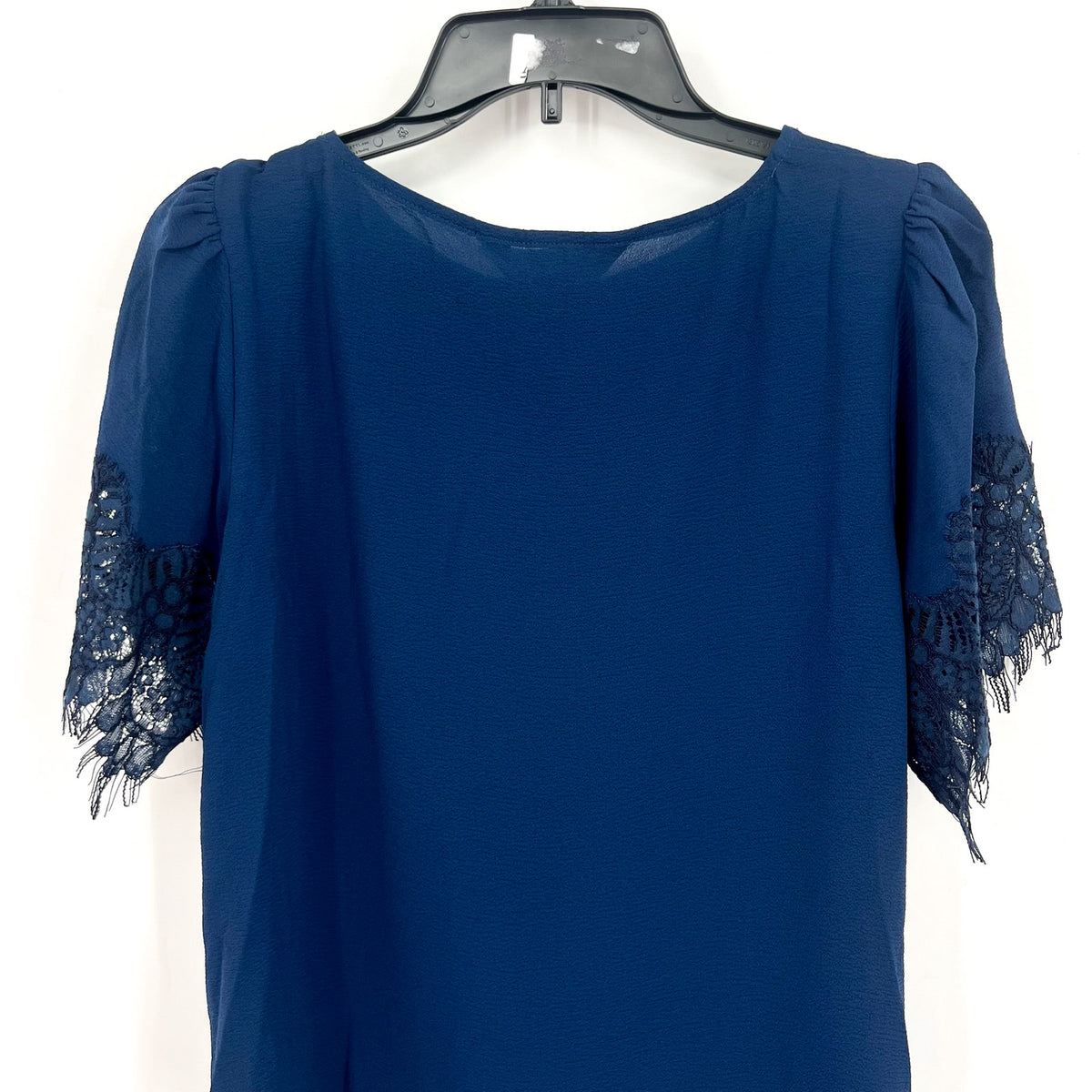 MONTGOMERY POST STITCH FIX Blouse Small Navy Blue Lace Trim Sleeves NWT