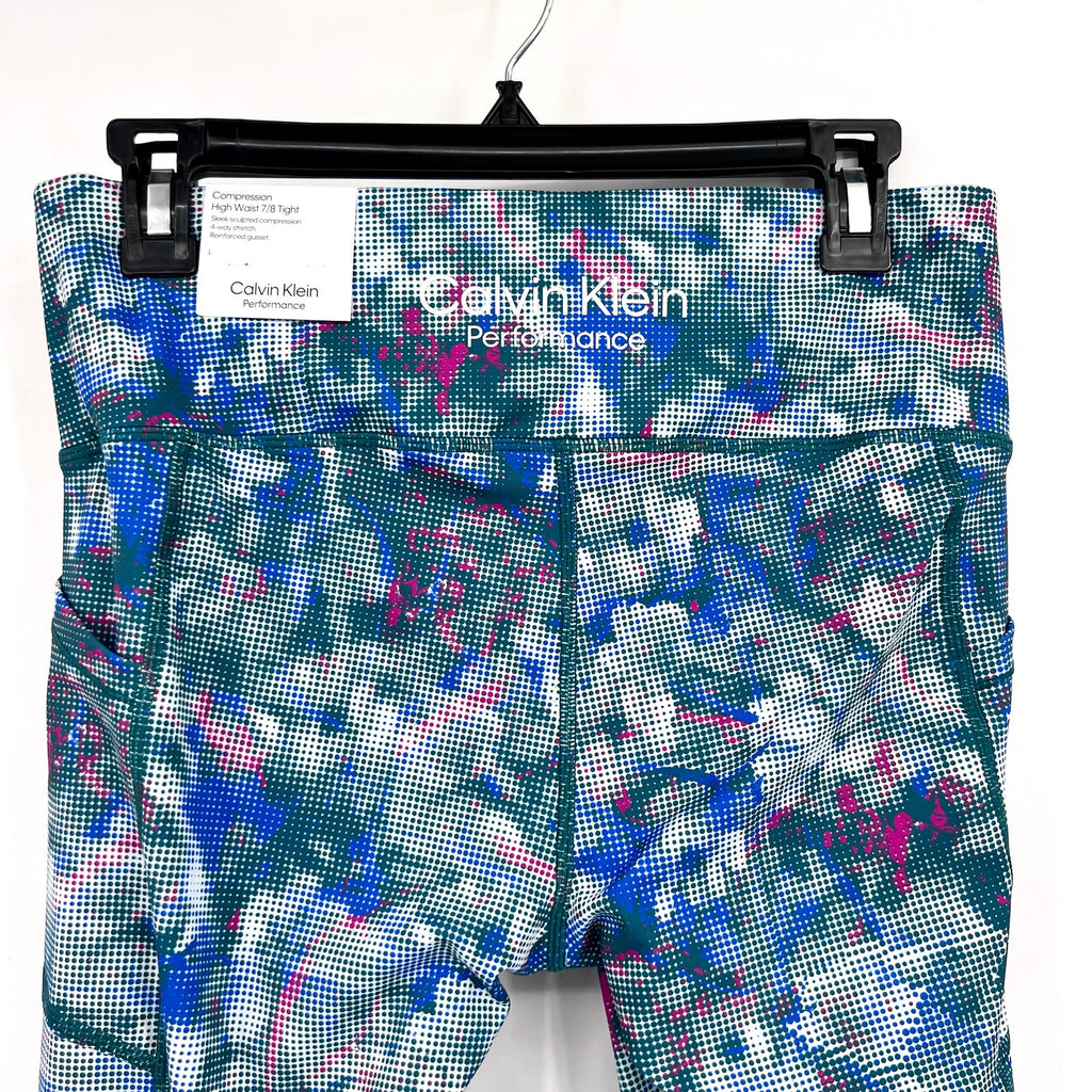 CALVIN KLEIN PERFORMANCE 7/8 Leggings Large Blue Pink Geometric Print NWT