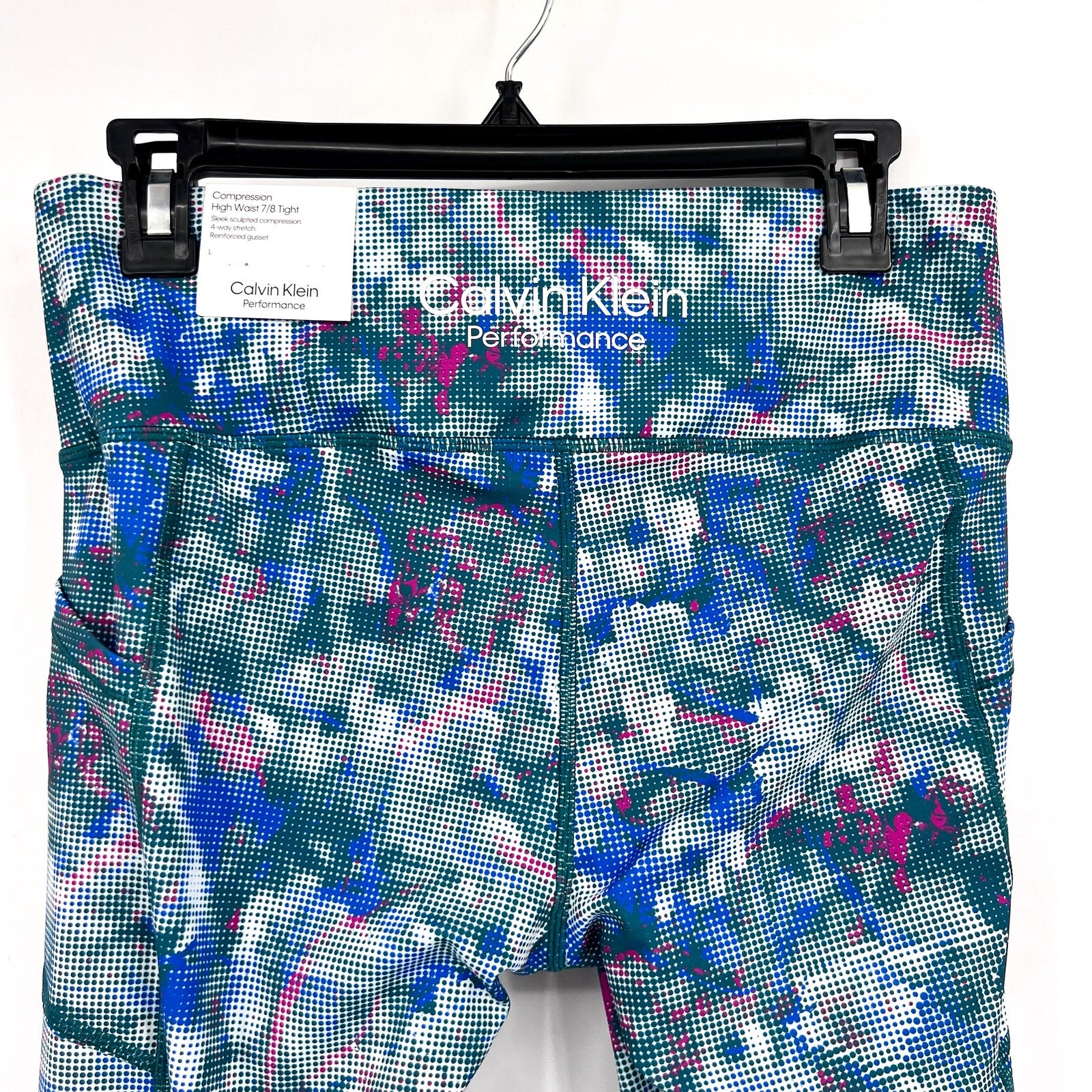 CALVIN KLEIN PERFORMANCE 7/8 Leggings Large Blue Pink Geometric Print NWT