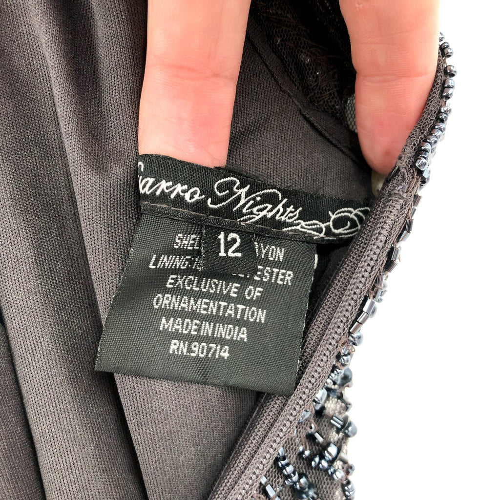 PISARRO NIGHTS Women's Beaded Mesh Column Gown Size 12 Gray Short Sleeve NWT