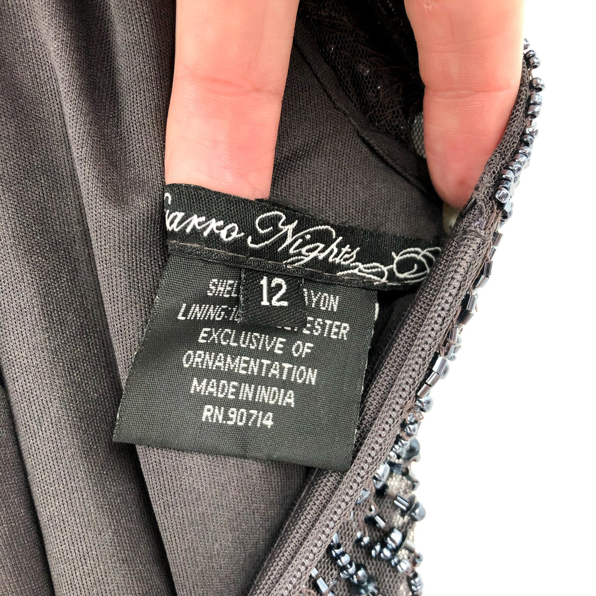 PISARRO NIGHTS Women's Beaded Mesh Column Gown Size 12 Gray Short Sleeve NWT