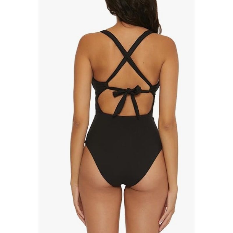 BECCA Women's Modern Edge One Piece Swimsuit Medium Black Square Buckle NWT