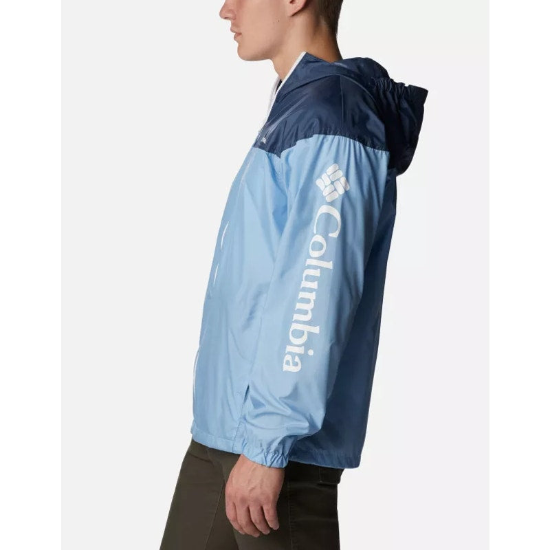 COLUMBIA Mens Flash Challenger Novelty Windbreaker Medium Blue Hooded Jacket NWT