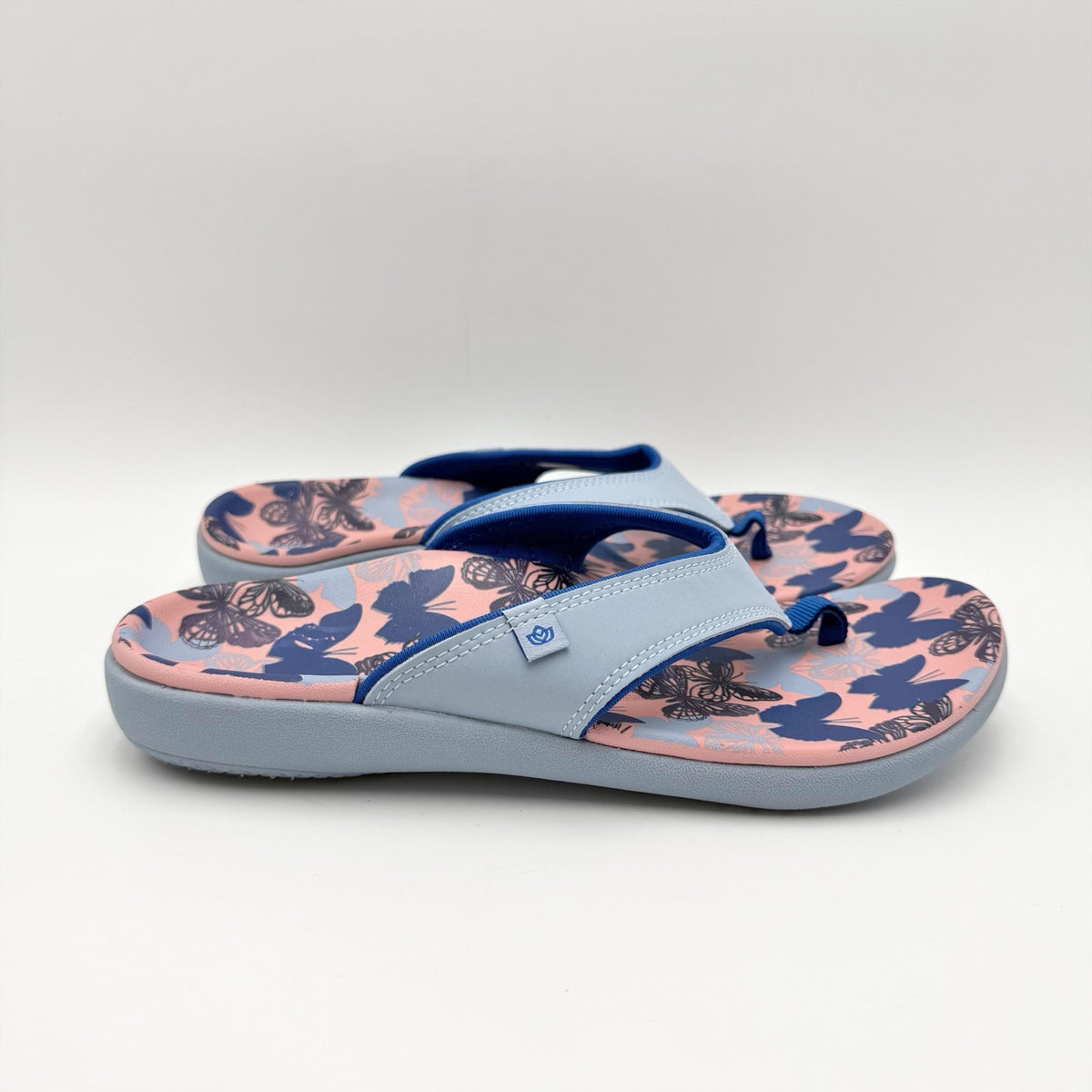 Spenco Womens Yumi Butterfly Sandals Size 8 WIDE Blue Pink Flip Flops NWOB