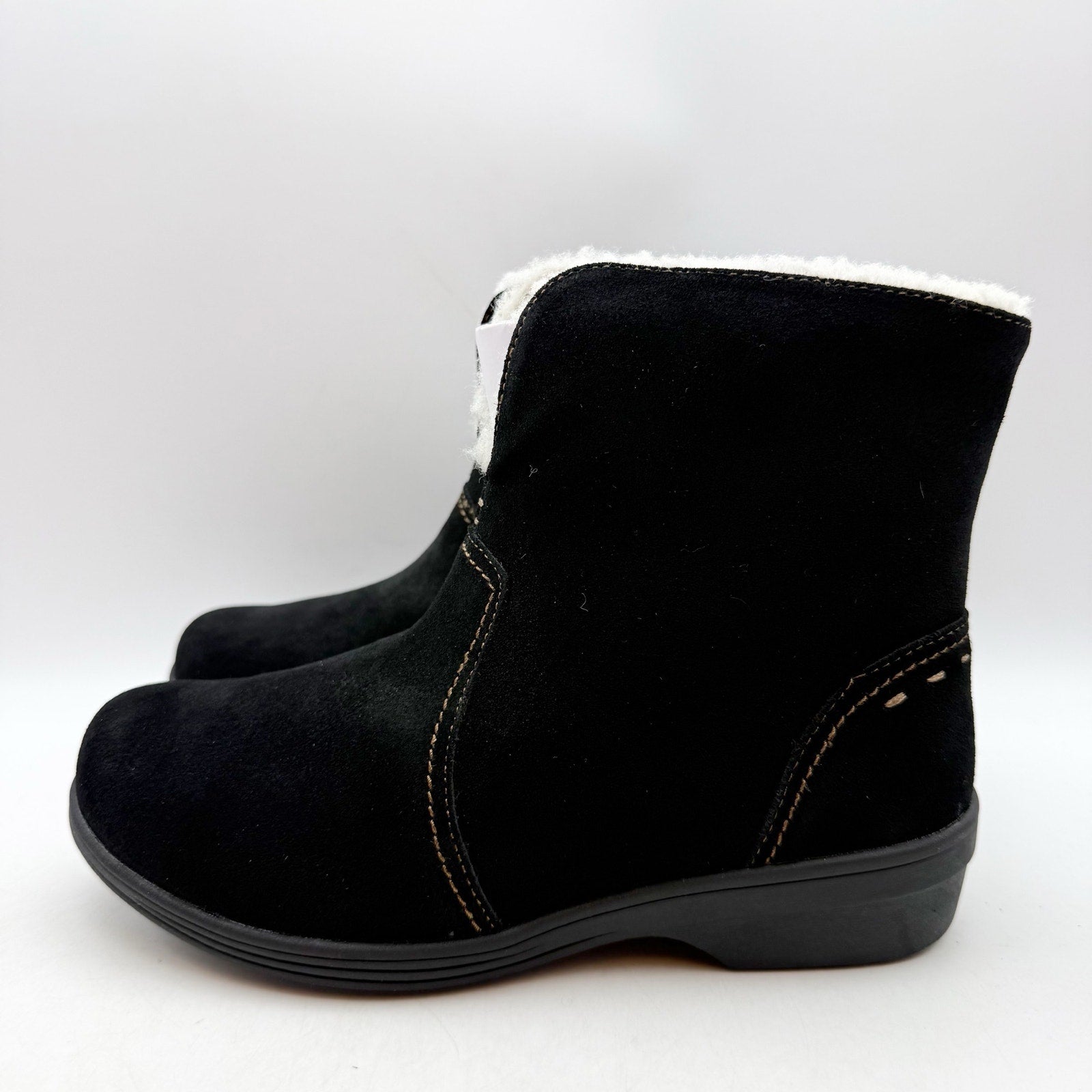 Spenco Womens Sun Valley Ankle Boots US 5.5 Wide Black Suede Sherpa Lined NIB