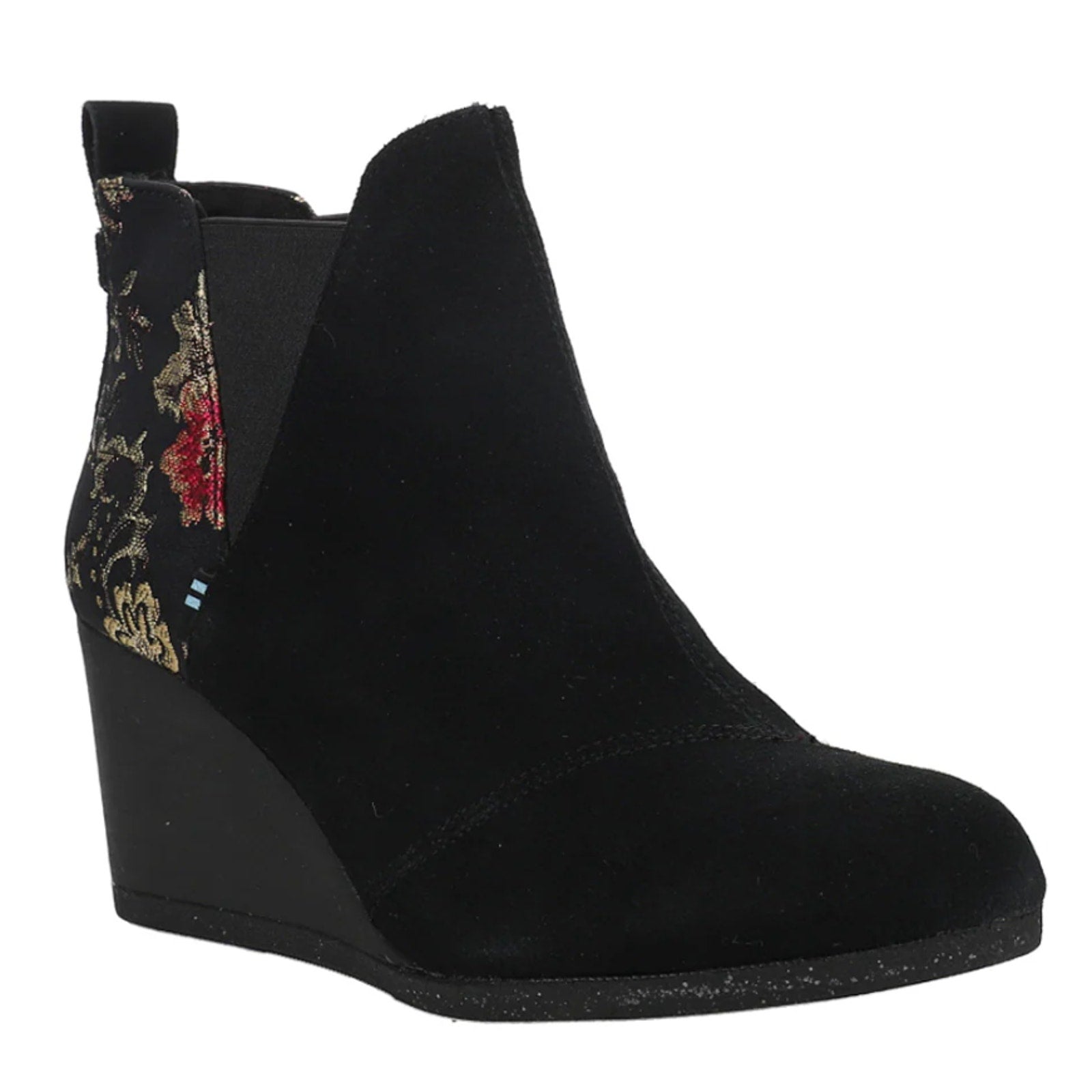 TOMS Womens Kelsey Graphic Wedge Booties US 10 Black Floral Suede Ankle NWOB