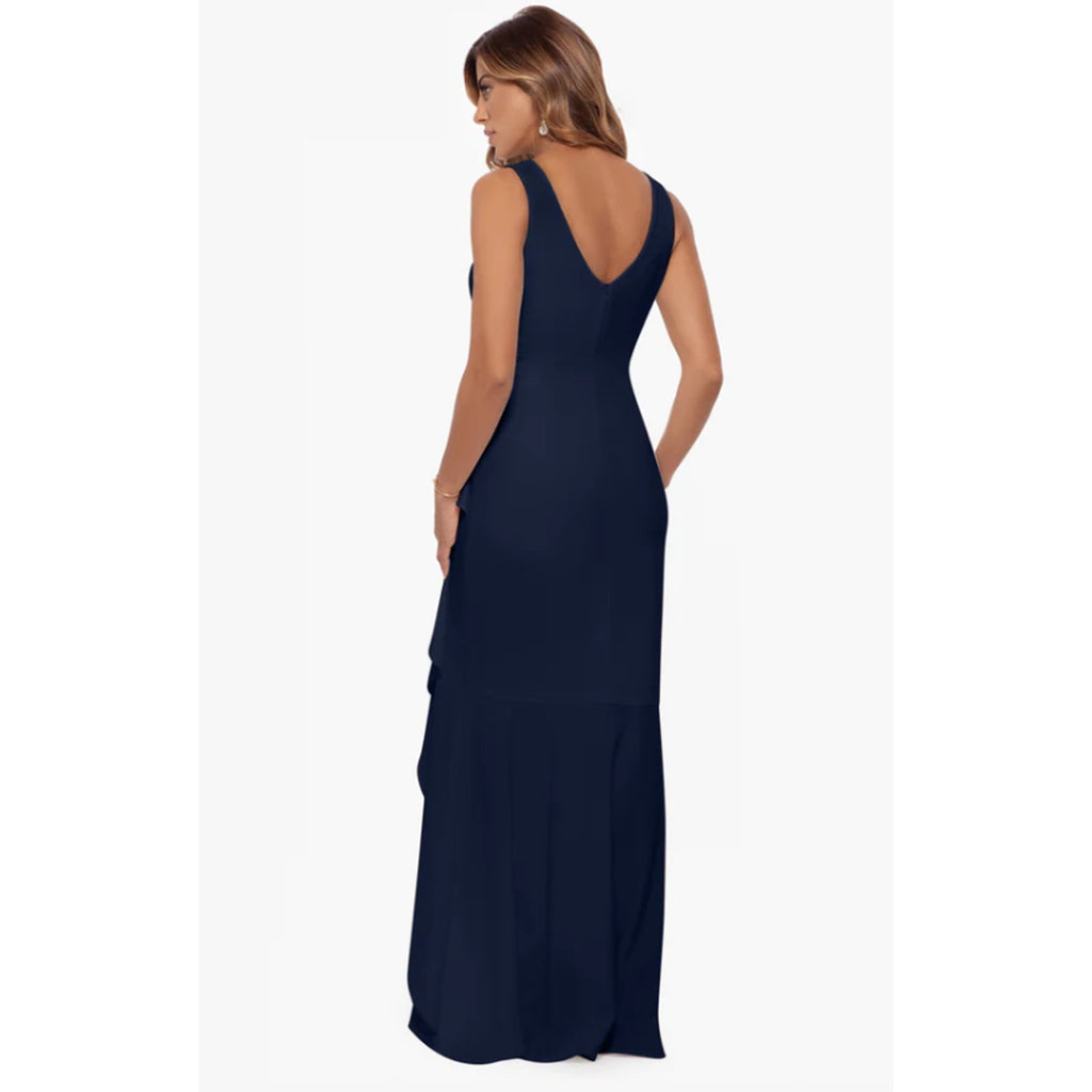 BETSY & ADAM Candace Long Cascade Dress 10 Navy Blue V- Neck Hi Low Crepe NWOT
