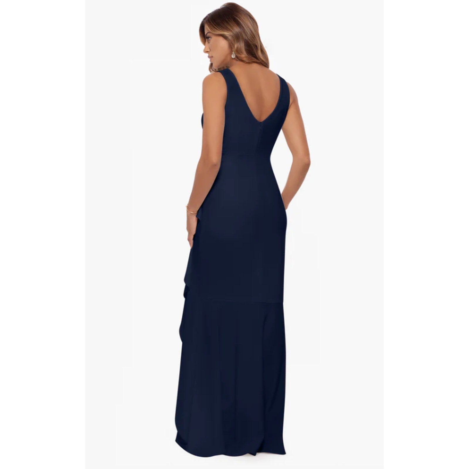 BETSY & ADAM Candace Long Cascade Dress 10 Navy Blue V- Neck Hi Low Crepe NWOT