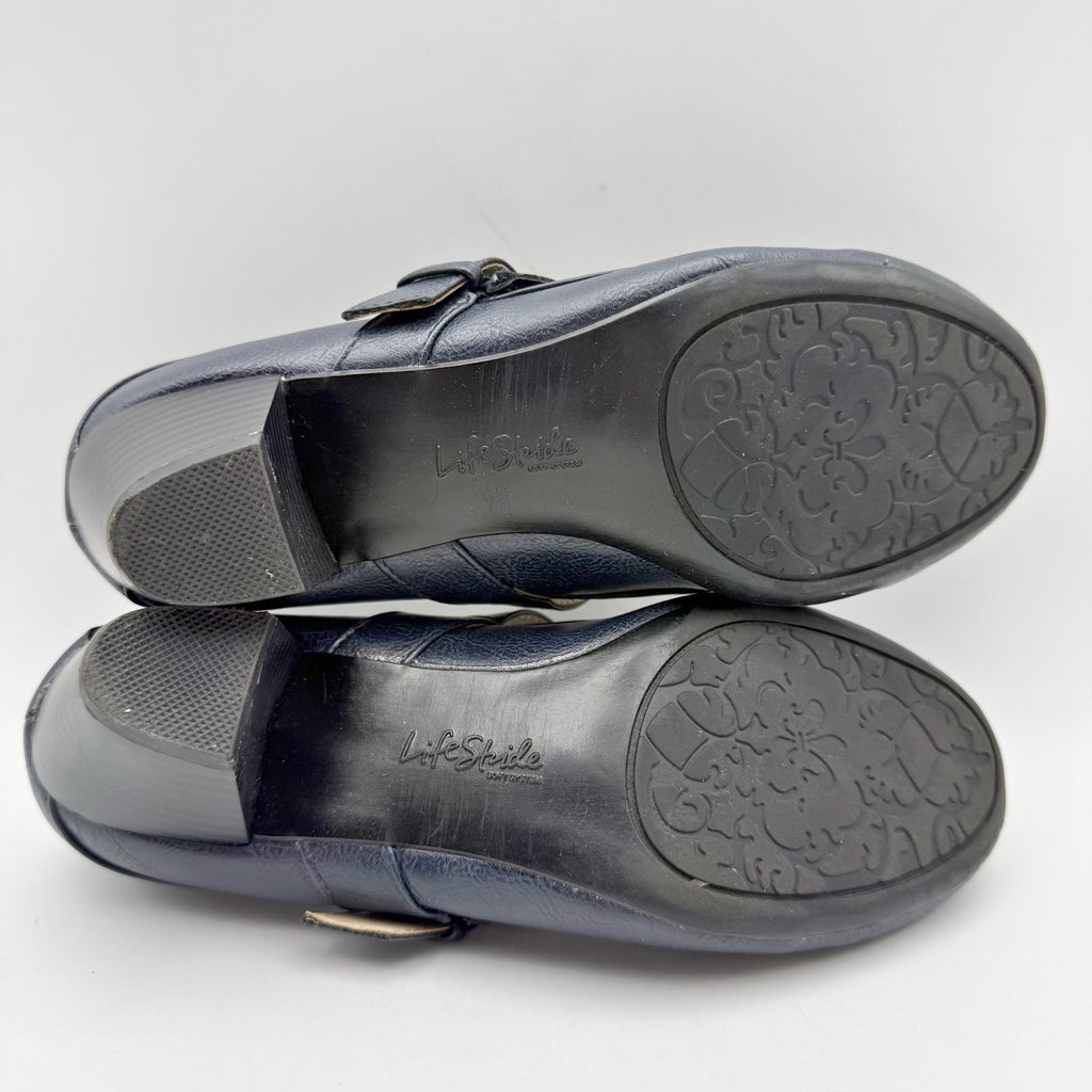 LifeStride Womens Rozz Mary Janes Heels Size 7 WIDE Navy Blue Vegan Leather NIB