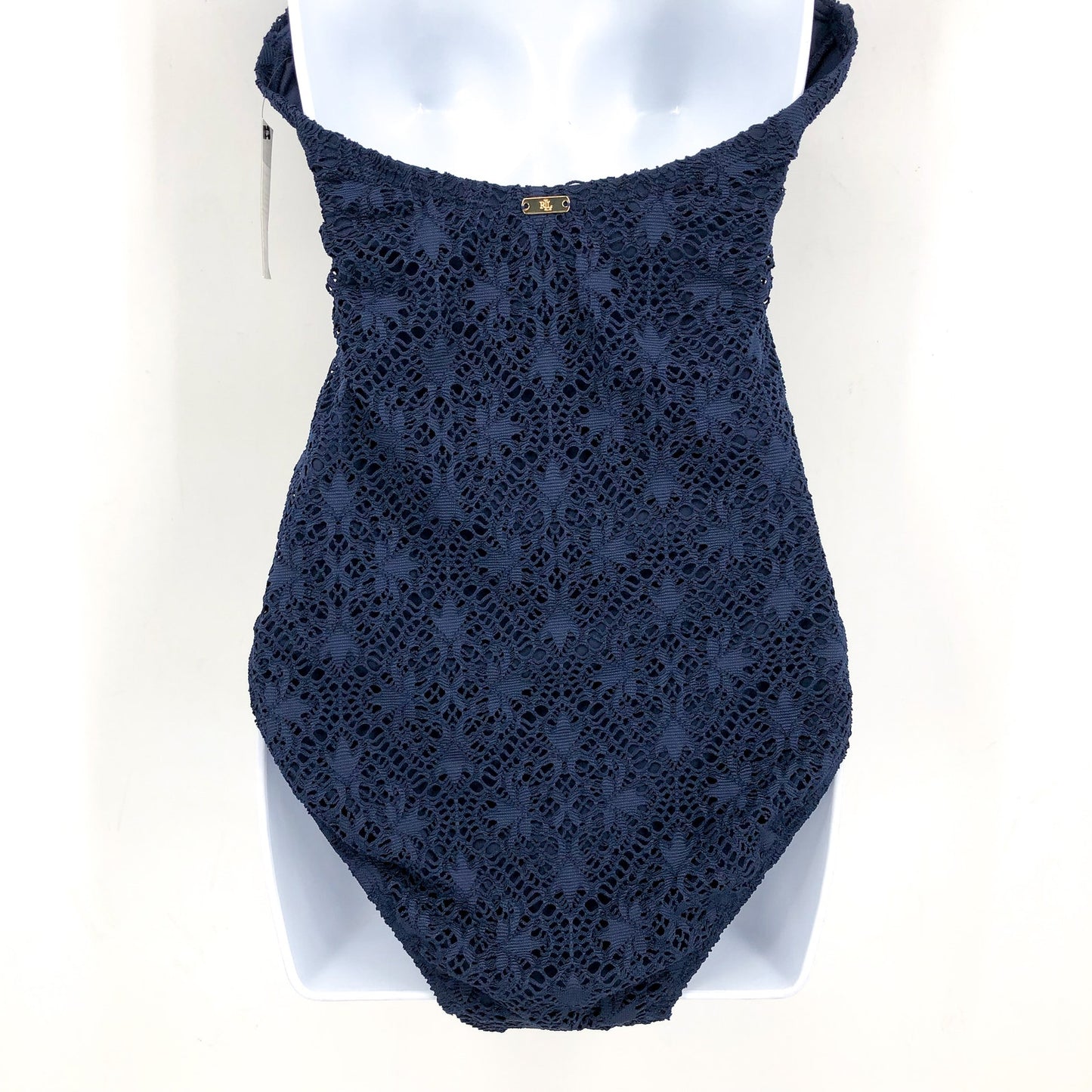 LAUREN RALPH LAUREN One Piece Swimsuit Size 10 Navy Blue Crochet Bandeau NWT