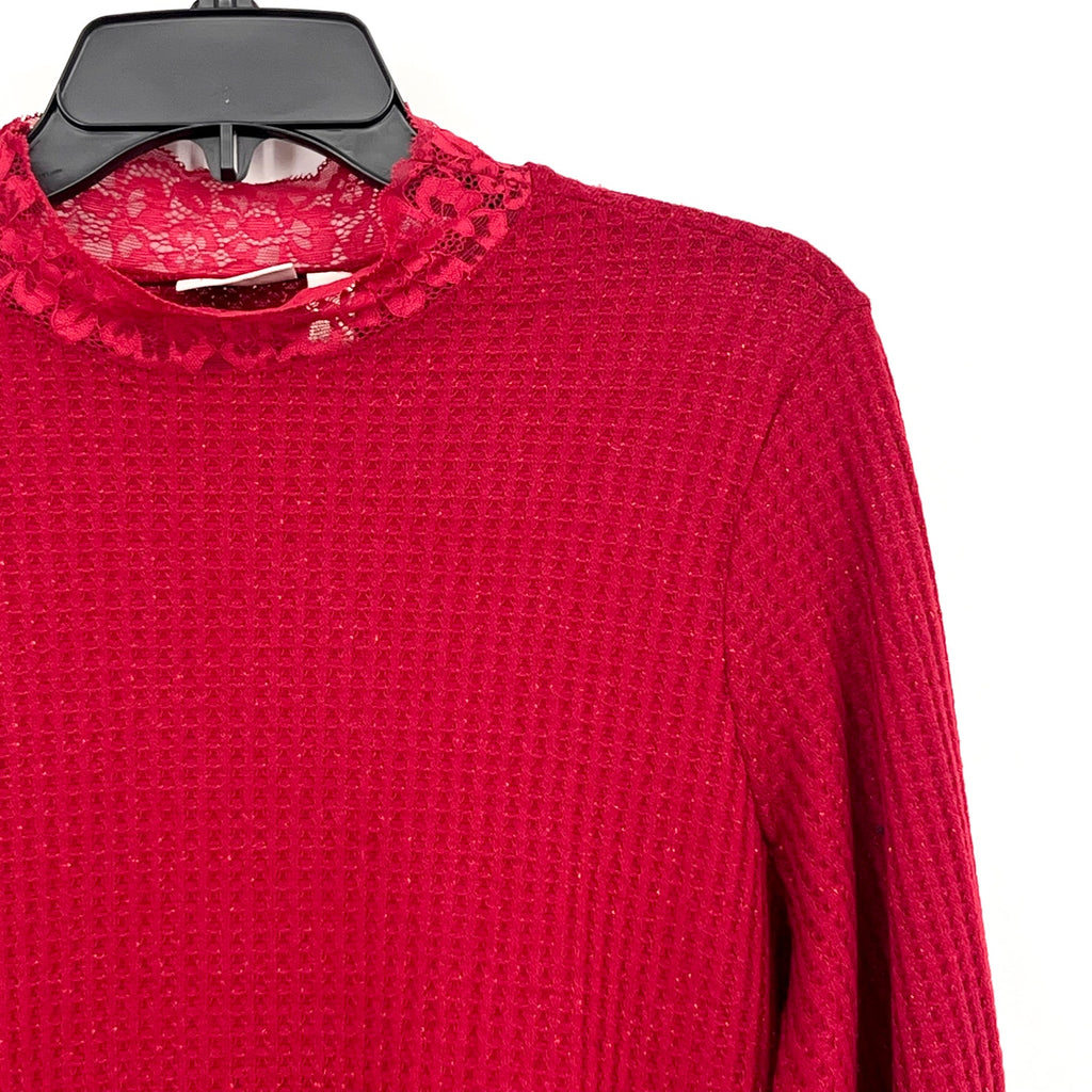 LOGO LORI GOLDSTEIN Metallic Waffle Knit Top Medium Rumba Red Long Sleeve NWOT