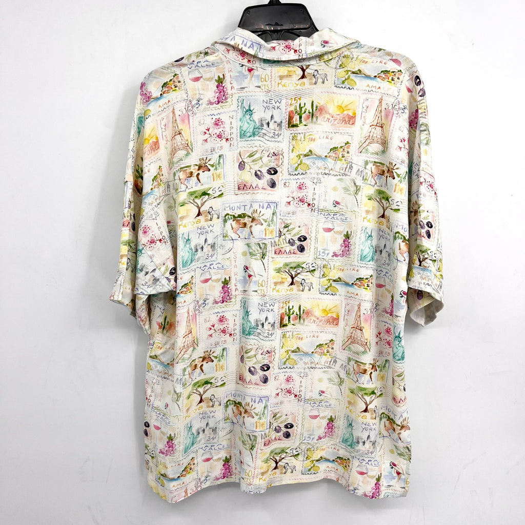 SPLENDID Women's Coastal Postcard Top Medium White Print Linen Blend Blouse NWT