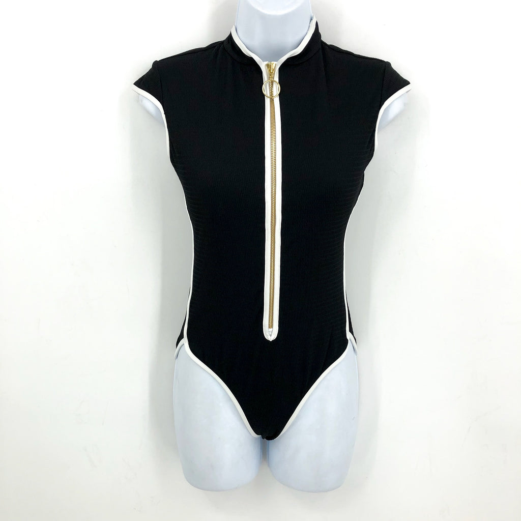 SEAFOLLY Women's Beach Bound One Piece Swimsuit Size 8 Black Zip Cap Sleeve NWT