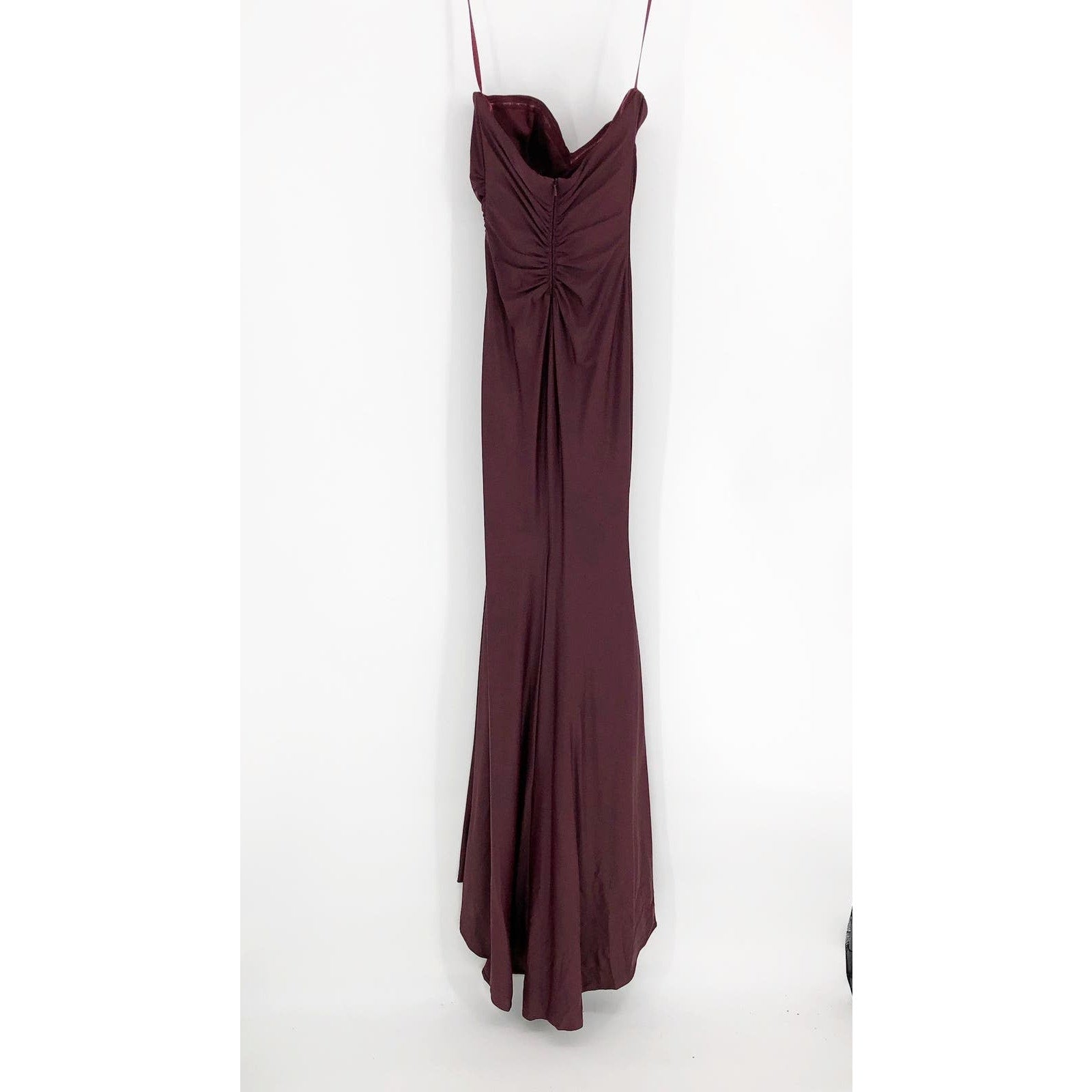 La Femme 29489 Ruched Long Gown Dress 00 Maroon Red Strapless High Slit NWOT