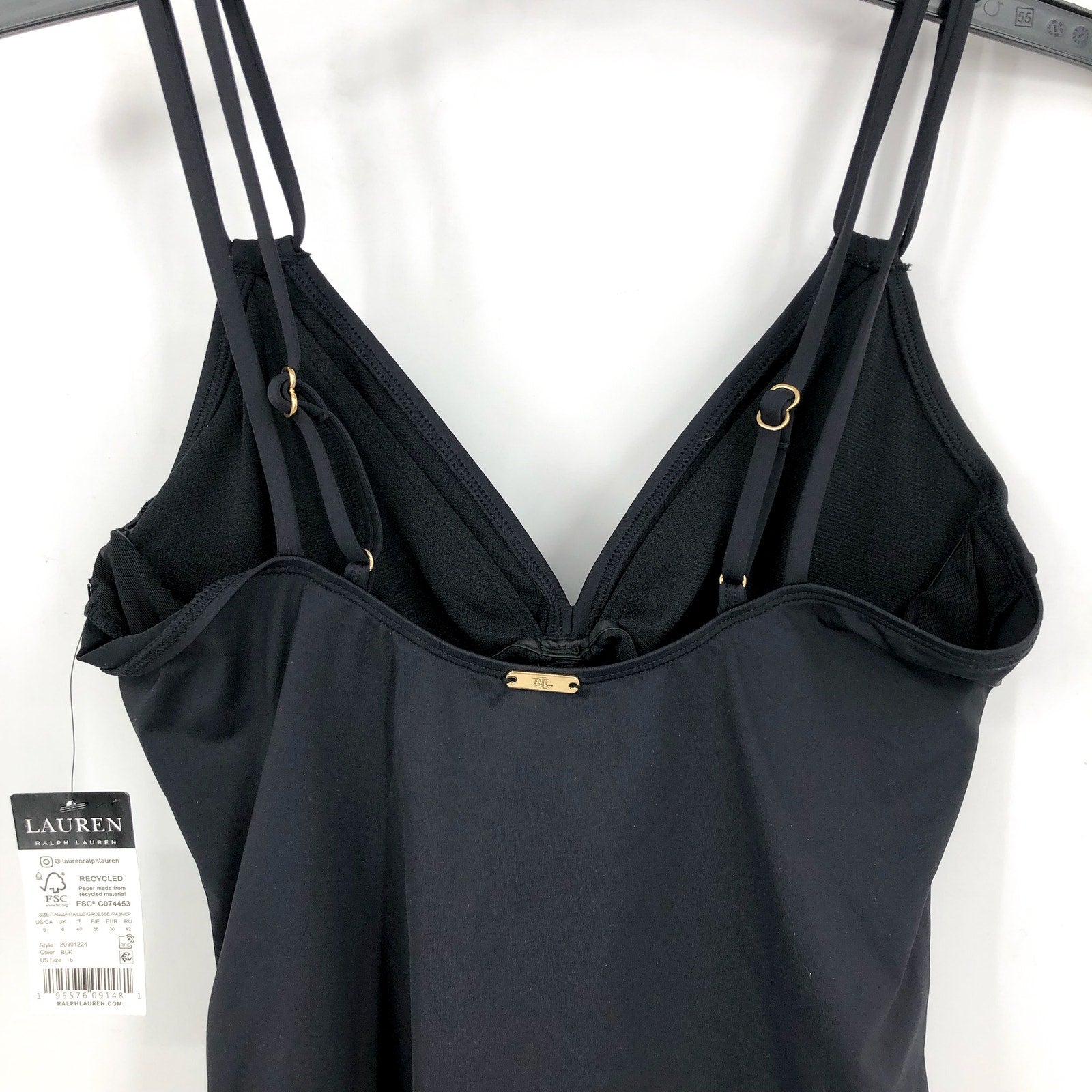 LAUREN RALPH LAUREN Double Strap Twist Tankini Top Size 6 Black Underwire NWT