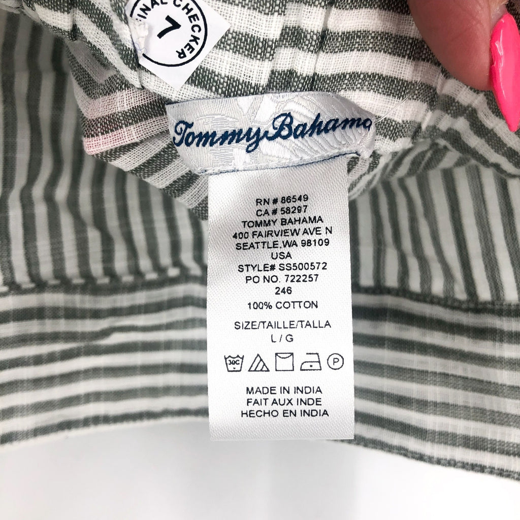 TOMMY BAHAMA Shoreline Stripe Midi Dress Large Green Gray White Cover-Up NWT