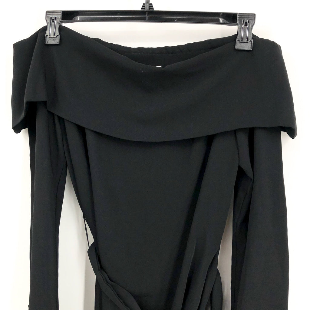 TRINA TURK Womens Lyndi Off-the-Shoulder Top Size 8 Black Long Sleeve Belted NWT