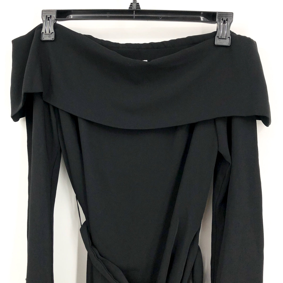 TRINA TURK Womens Lyndi Off-the-Shoulder Top Size 8 Black Long Sleeve Belted NWT