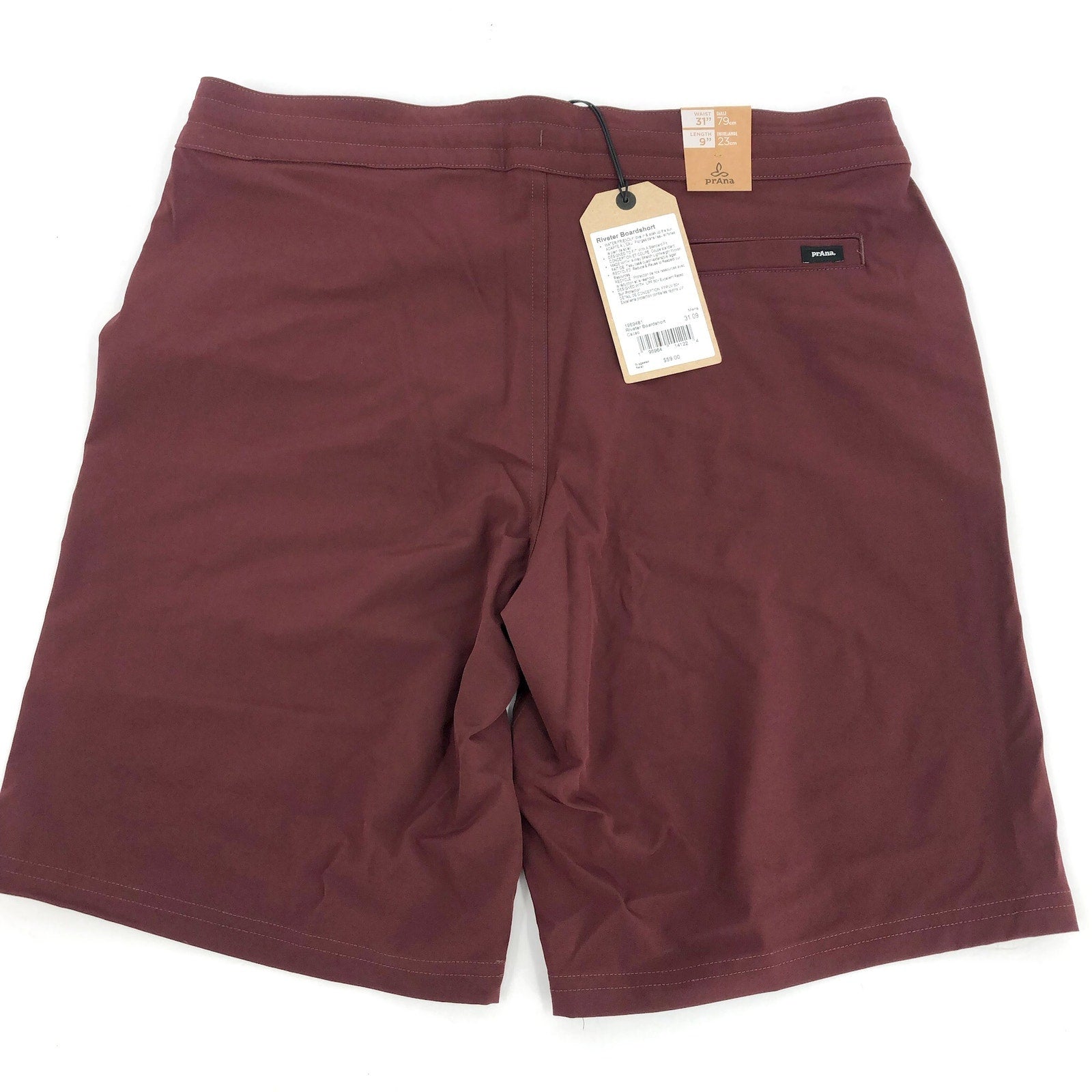 PRANA Men's Riveter Board Shorts Size 31 Dark Red Cacao 9" Inseam Drawstring NWT
