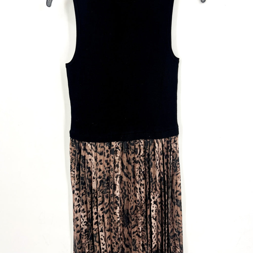 FORTUNE + IVY Womens Jersey Leopard Pleated Midi Dress Small Black Multi NWOT