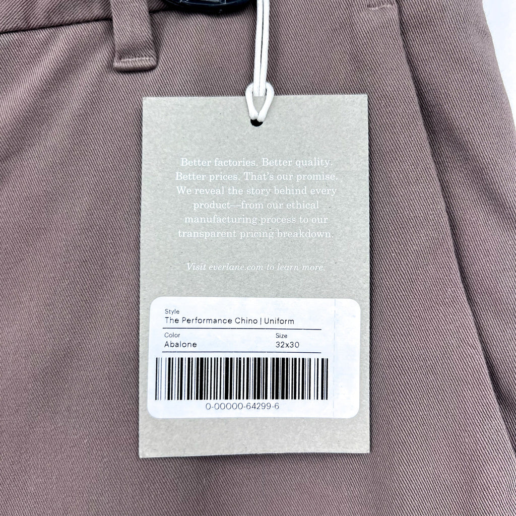 EVERLANE Men's Uniform Performance Chino 32x30 Abalone Tan Slim Fit NWT