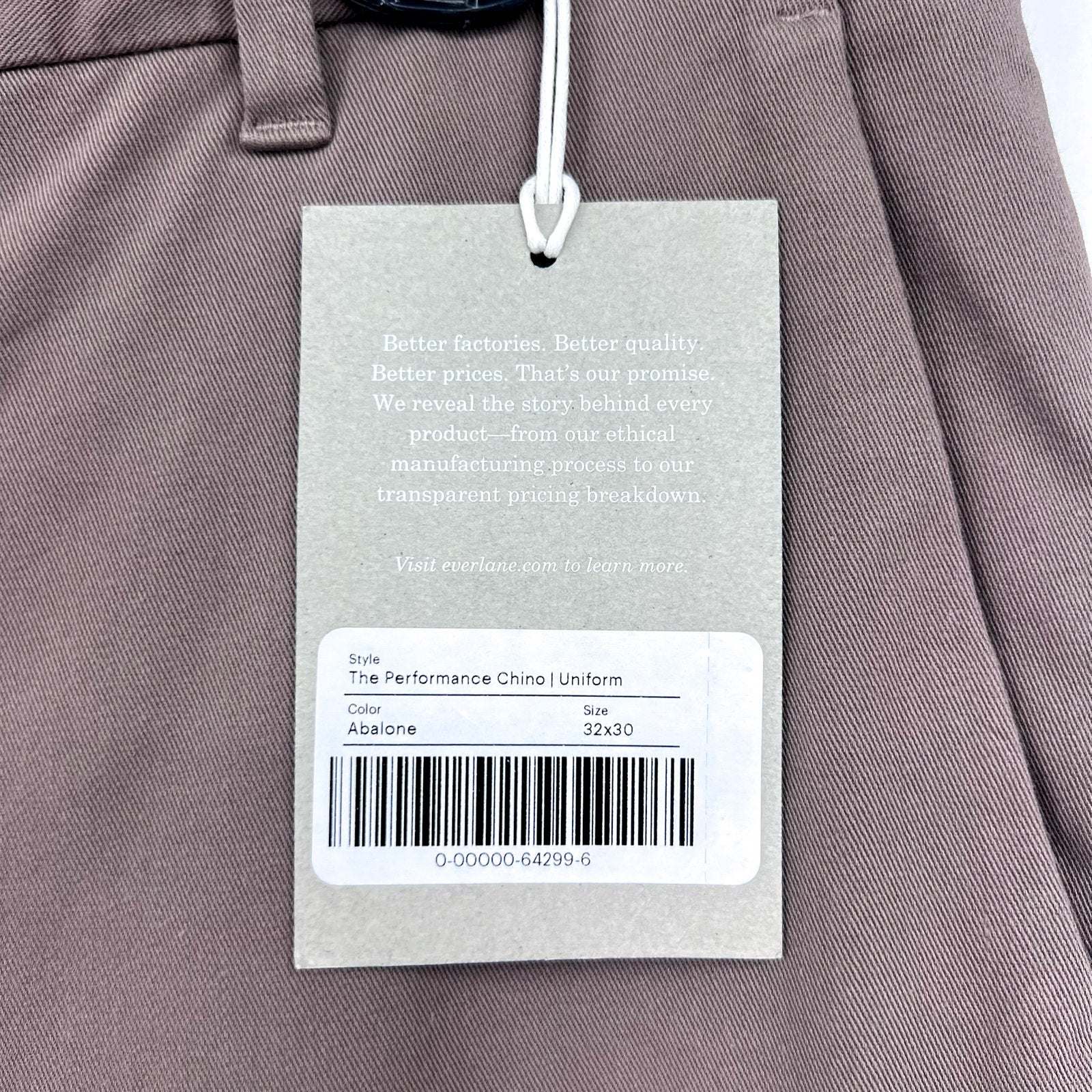 EVERLANE Men's Uniform Performance Chino 32x30 Abalone Tan Slim Fit NWT