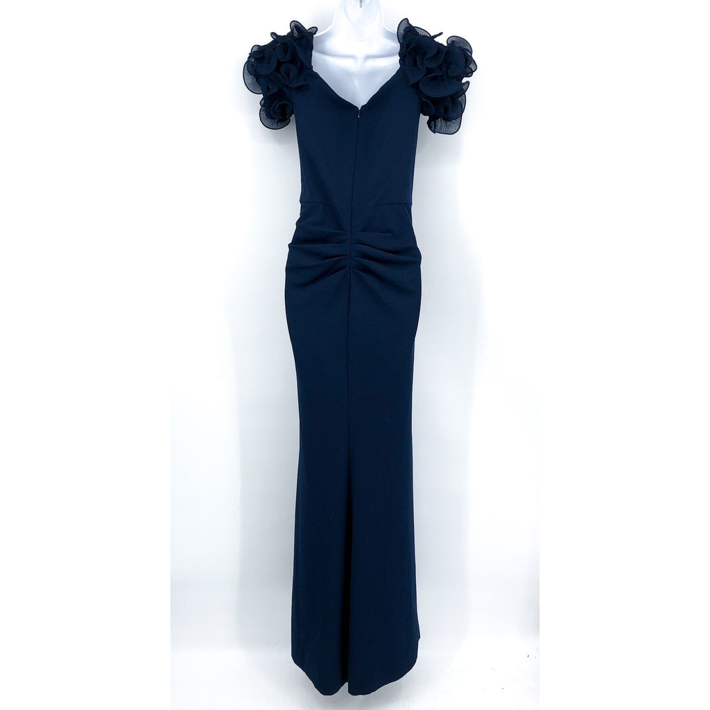XSCAPE Ashlyn Scuba Crepe Off the Shoulder Long Gown Size 8 Navy Blue Dress NWT