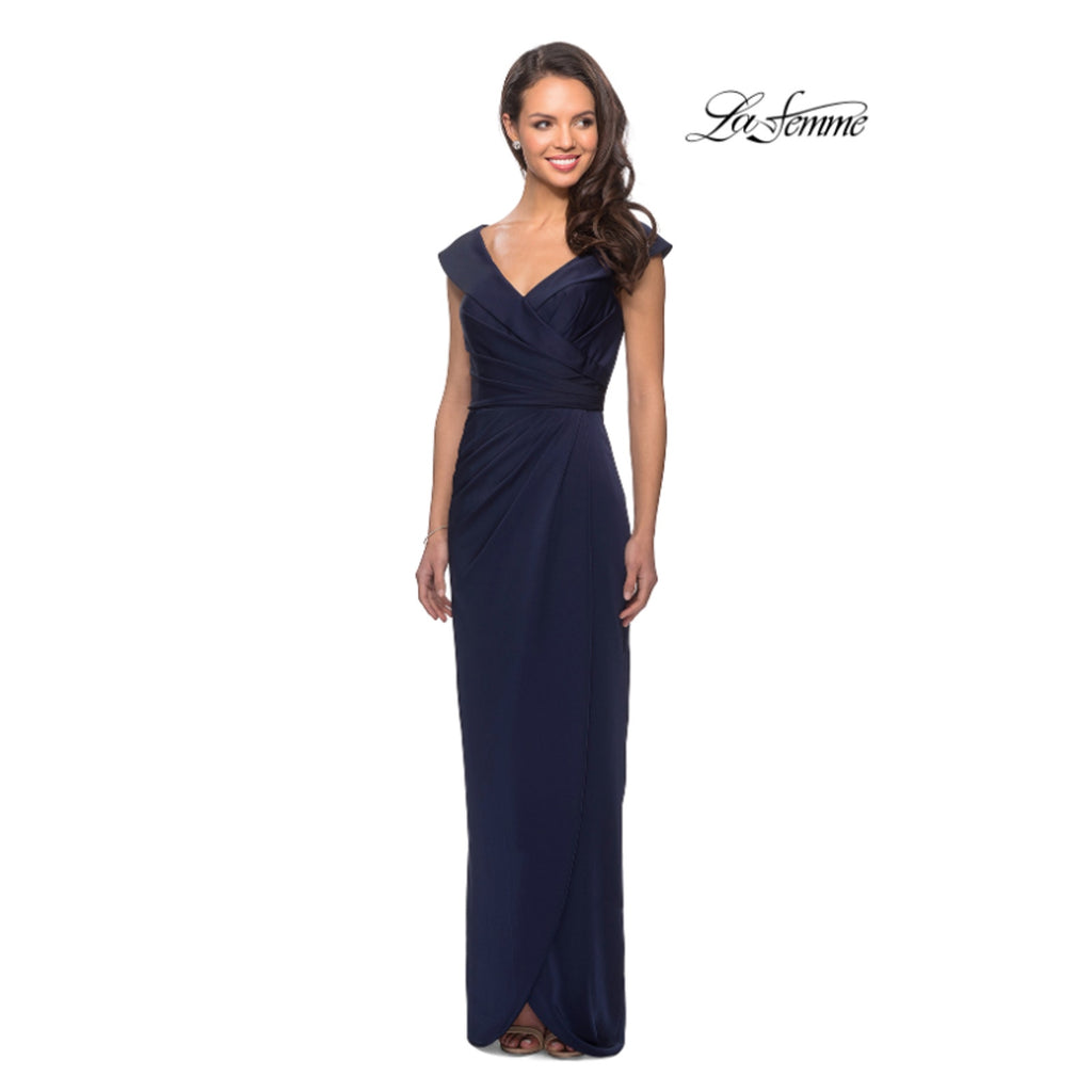 LA FEMME 25206 Jersey Column Gown 2 Navy Blue Off-the-Shoulder Ruched NWOT
