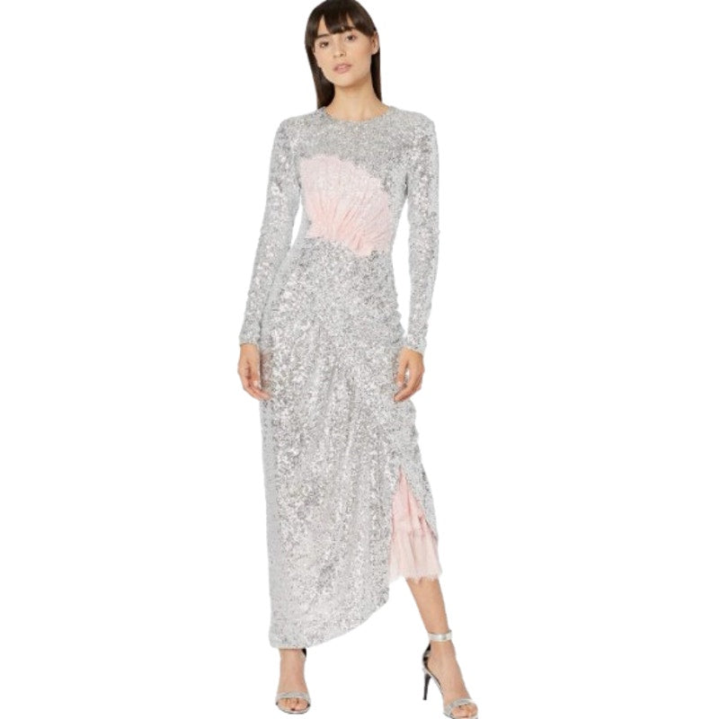 PREEN BY THORNTON BREGAZZI Welda Sequin Dress Medium Silver Long Sleeve NWOT