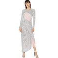 PREEN BY THORNTON BREGAZZI Welda Sequin Dress Medium Silver Long Sleeve NWOT