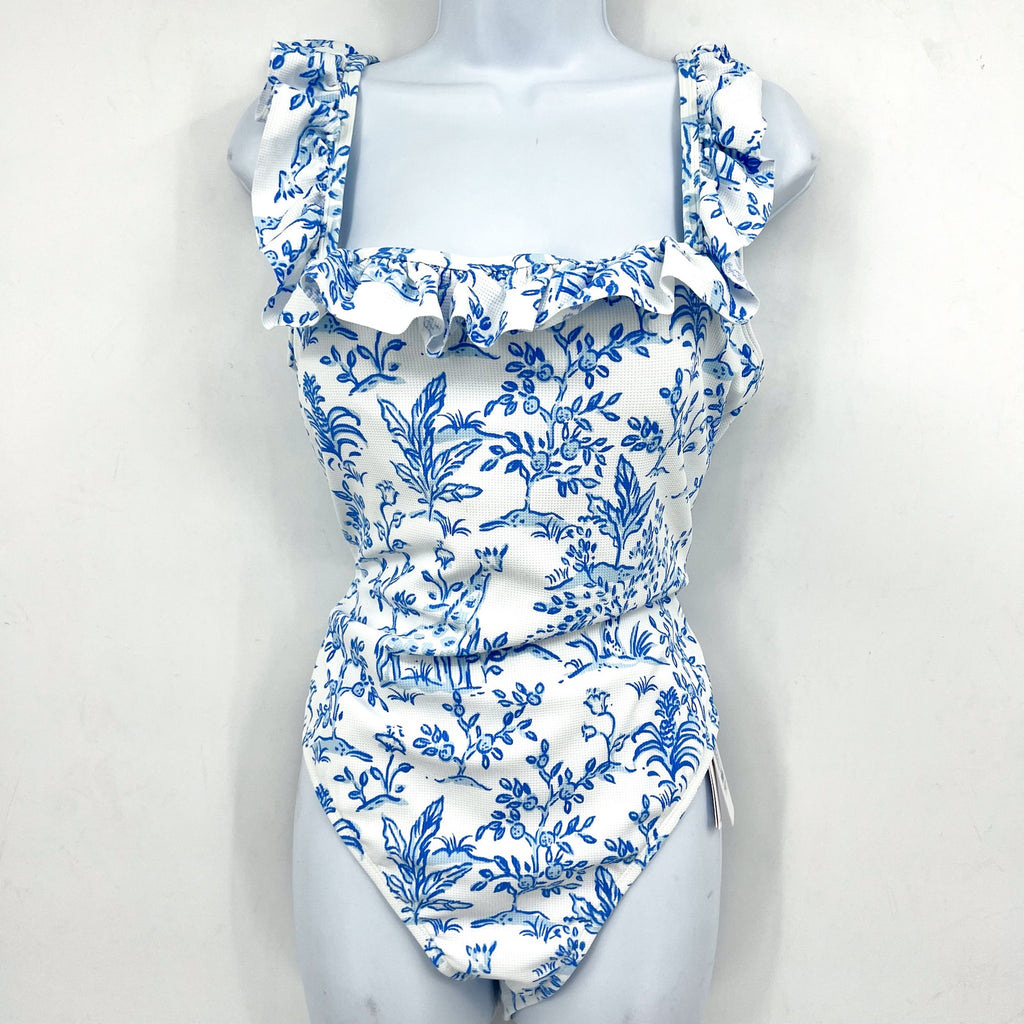 LILLY PULITZER Aemma Ruffle One-piece Swimsuit Size 16 White Blue Tall Tales NWT